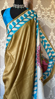 Pure Tussar Silk Sujni Kantha Stitch -  Moss Brown Ma Durga