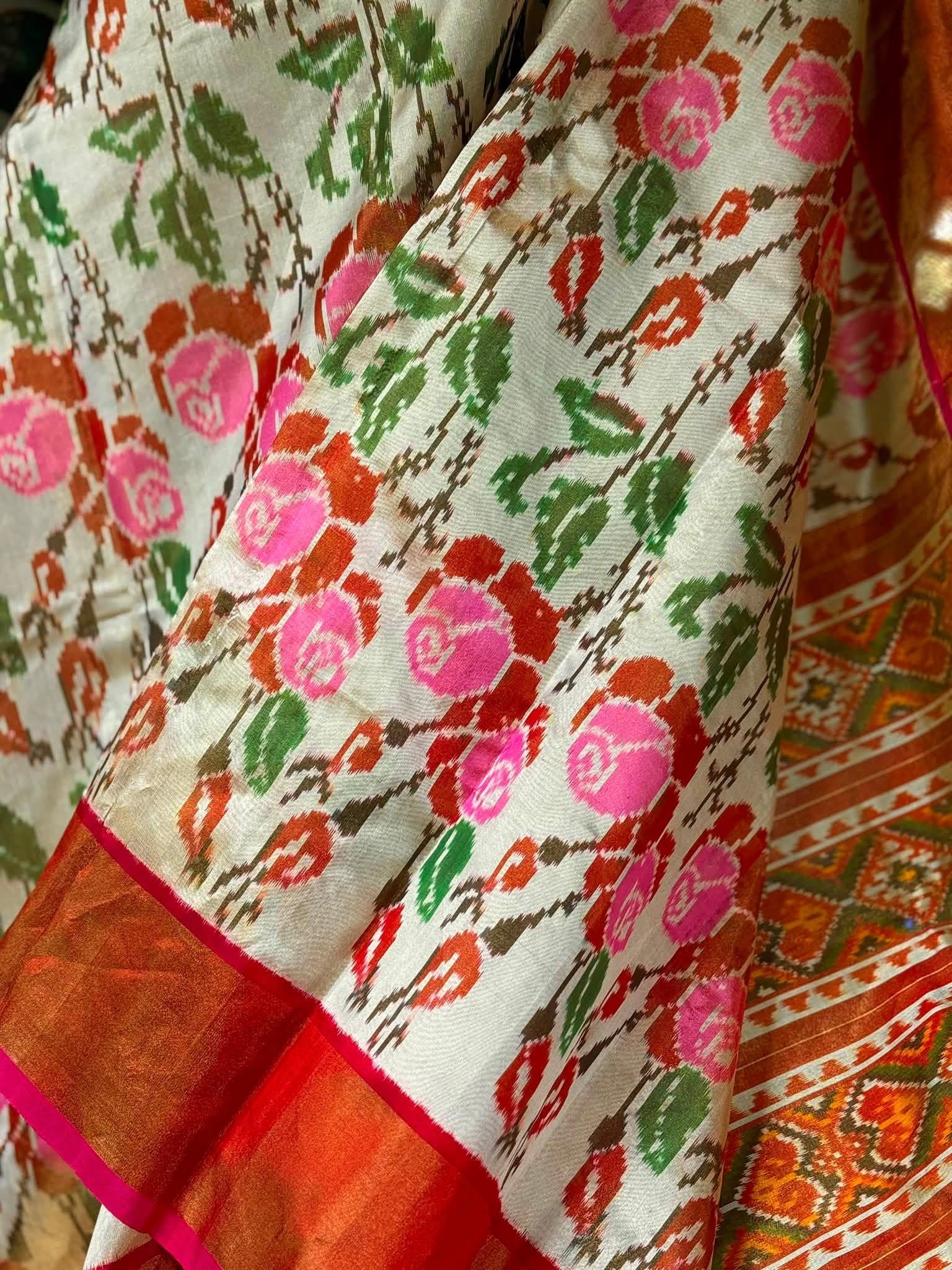 Pure Silk Tissue Ikat - Golden Cream Rust Pink