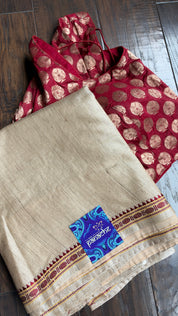 Pure Tussar Silk - Tan Beige Rudraksha Border
