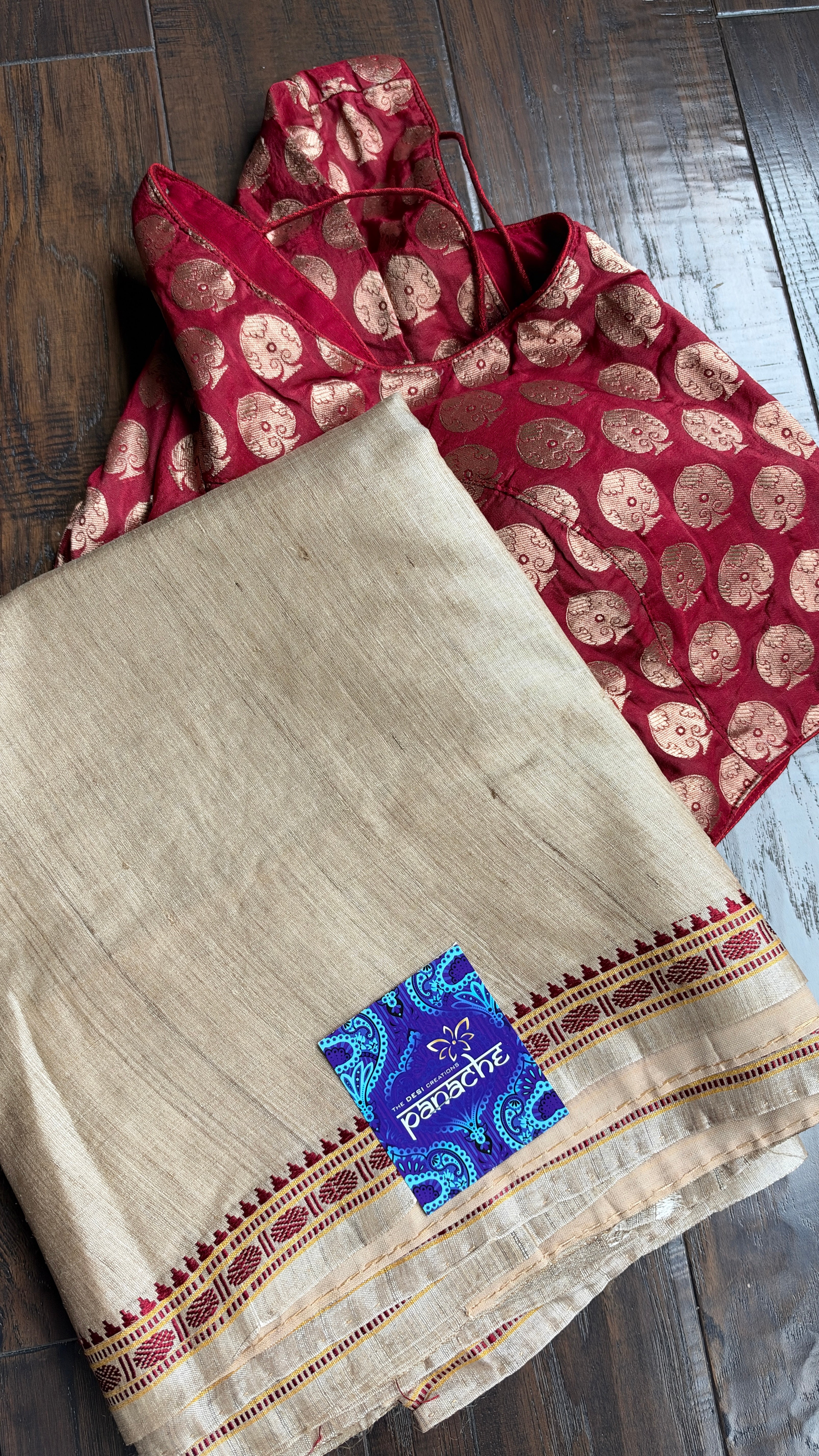 Pure Tussar Silk - Tan Beige Rudraksha Border