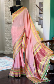 Khaddi Georgette Banarasi - Pink Multi color Hand Brushed