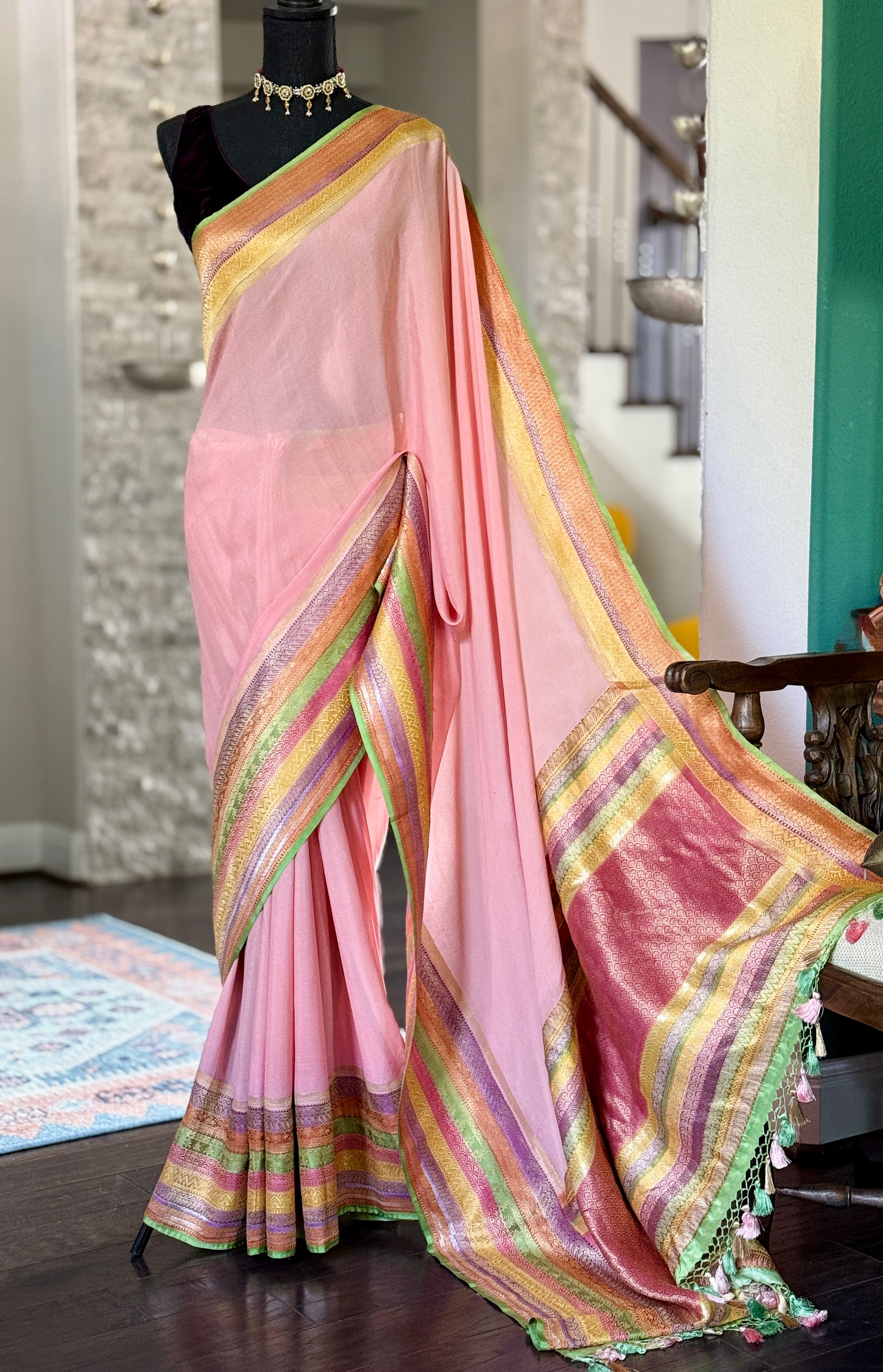 Khaddi Georgette Banarasi - Pink Multi color Hand Brushed