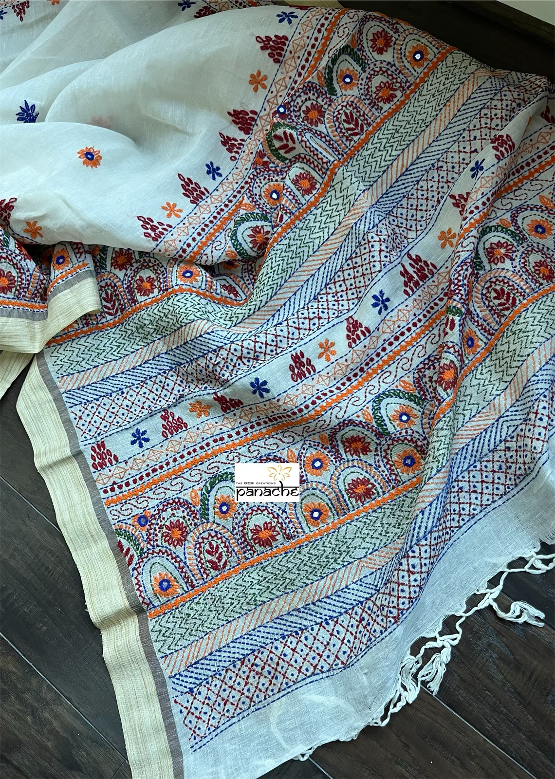 Pure Linen Silk Lambani - Off White Hand Embroidered