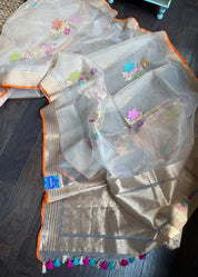 Handwoven Pure Tissue Net Organza Silk Saree with Zari Border & Multicolor Floral Motifs – Lightweight Festive Wear | Ships from USA