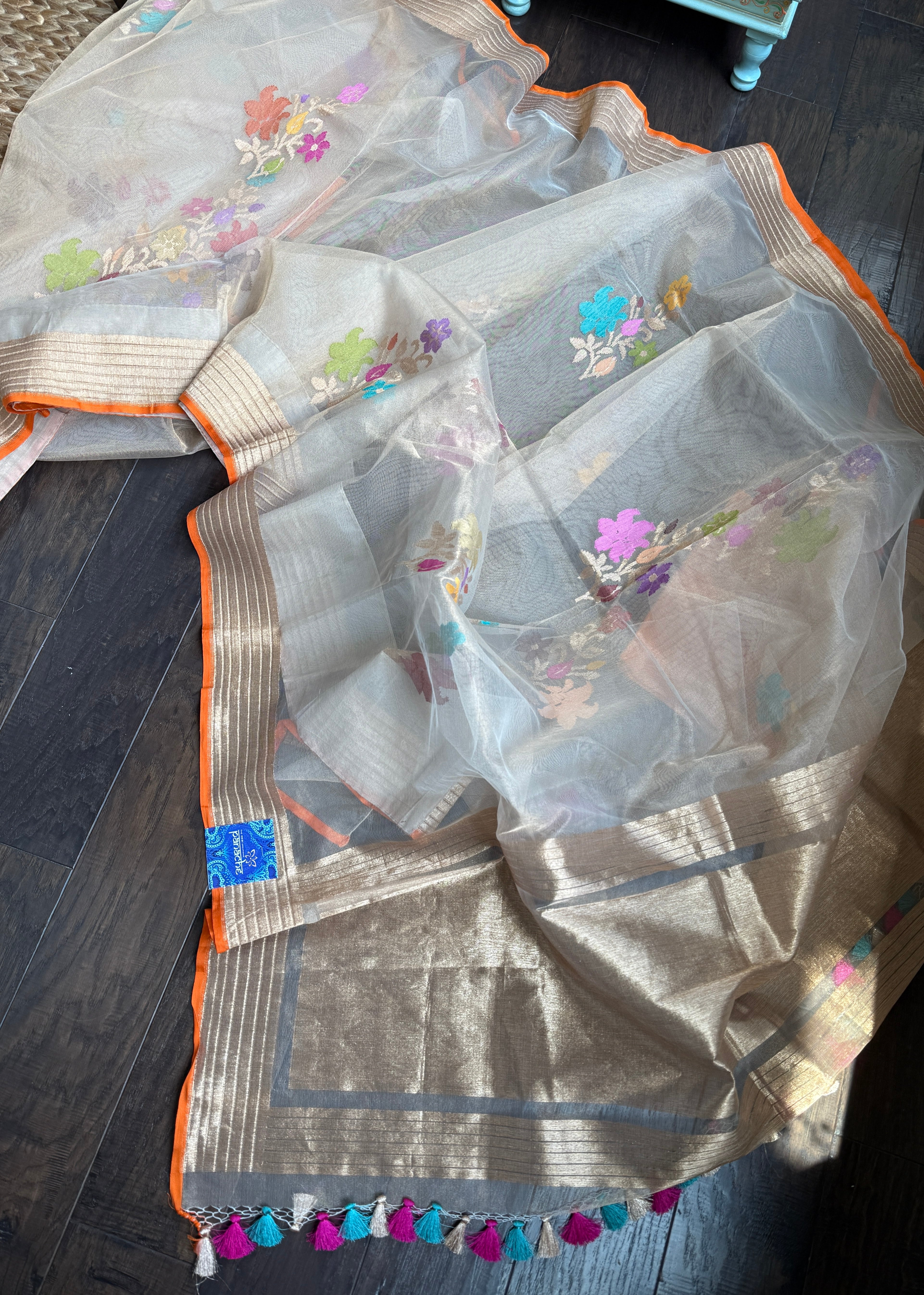 Handwoven Pure Tissue Net Organza Silk Saree with Zari Border & Multicolor Floral Motifs – Lightweight Festive Wear | Ships from USA