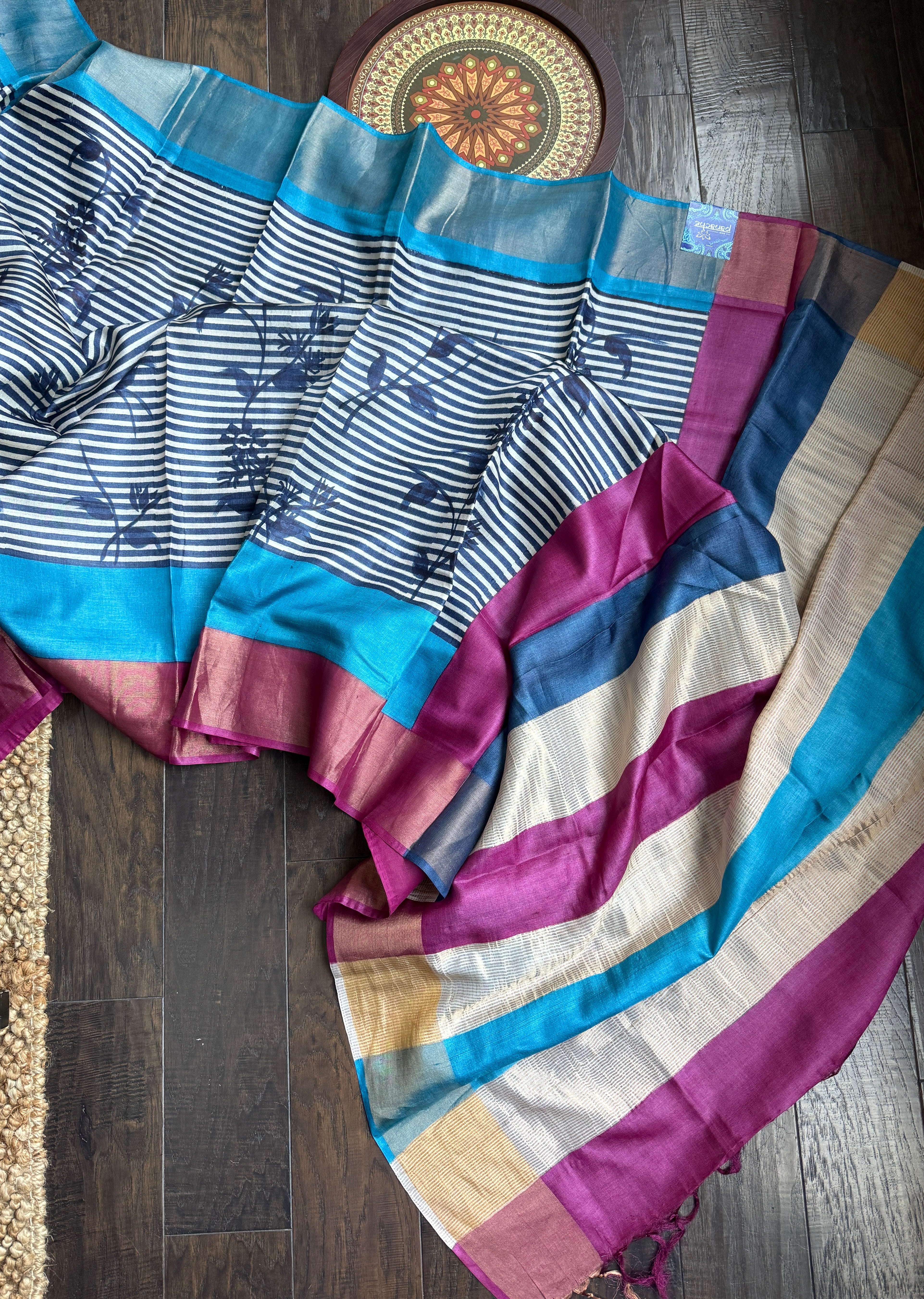 Pure Tussar Silk - Blue Firozi Magenta