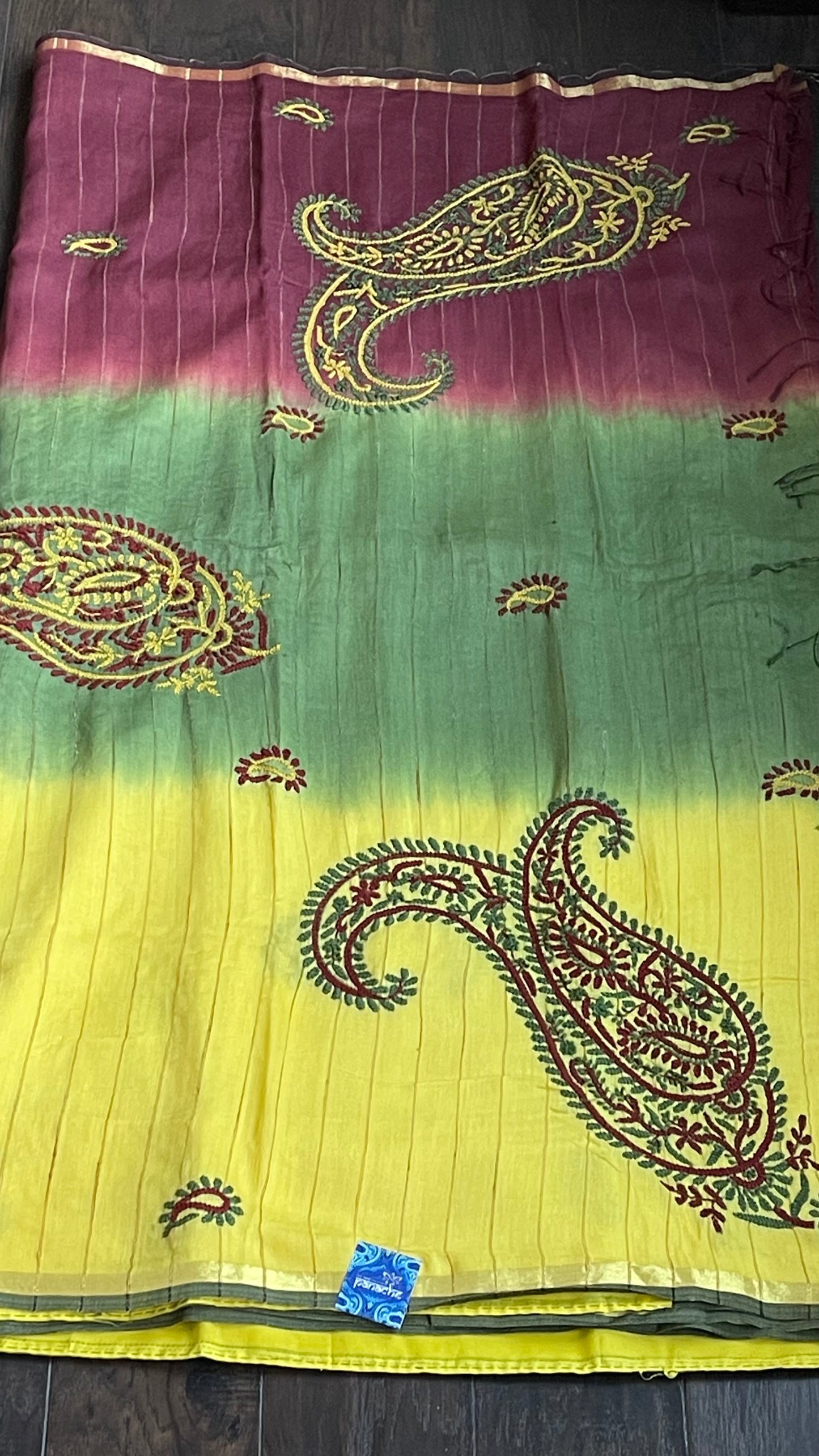 Pure Khadi Cotton - Green Yellow Hand Embroidered
