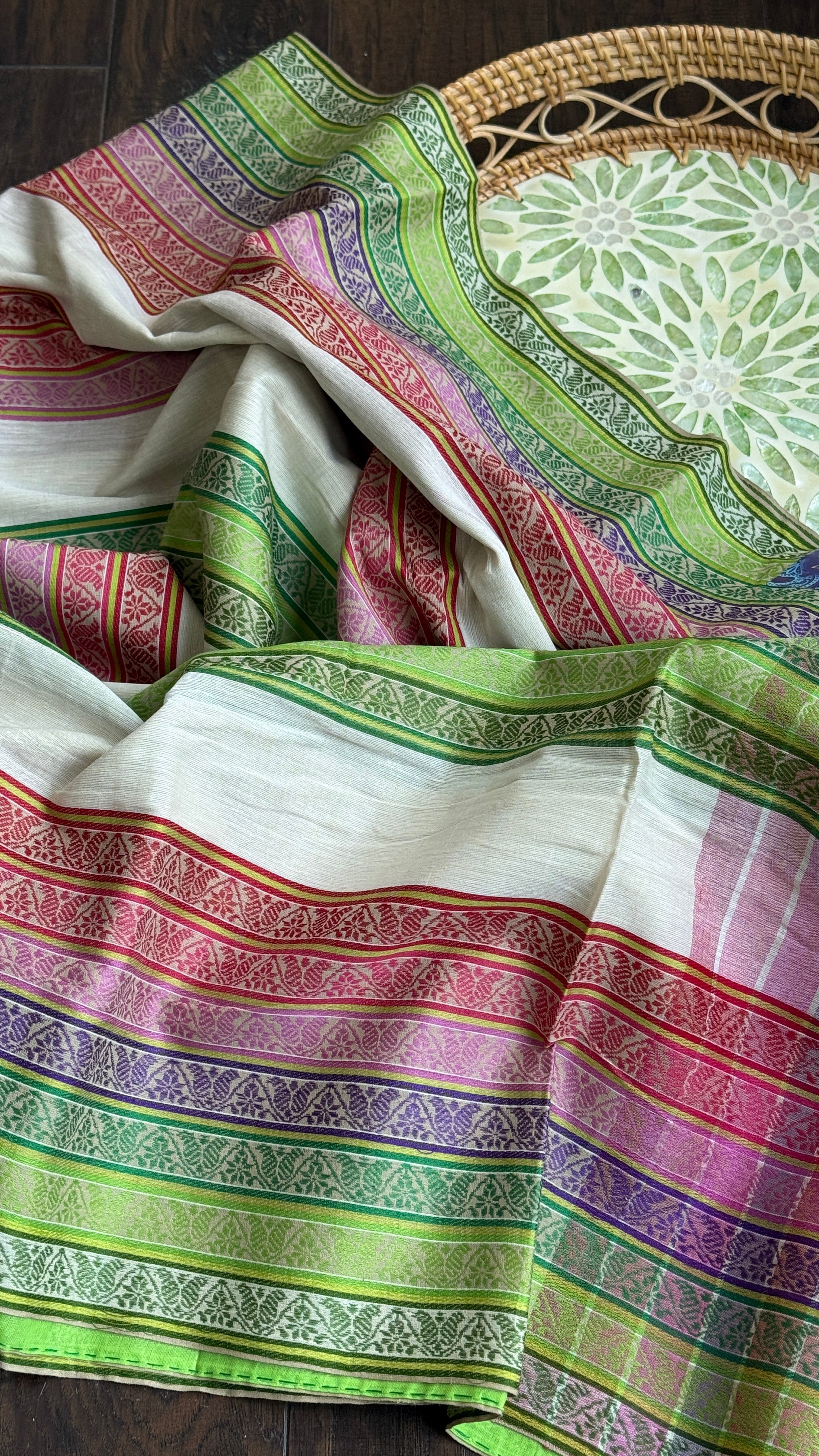 Pure Khadi Cotton - Off White Green Multicolor Striped Woven