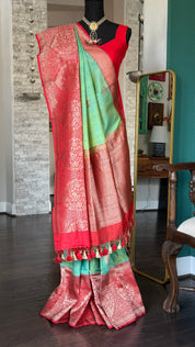 Pure Tassur Silk Banarasi - Sea Green Red