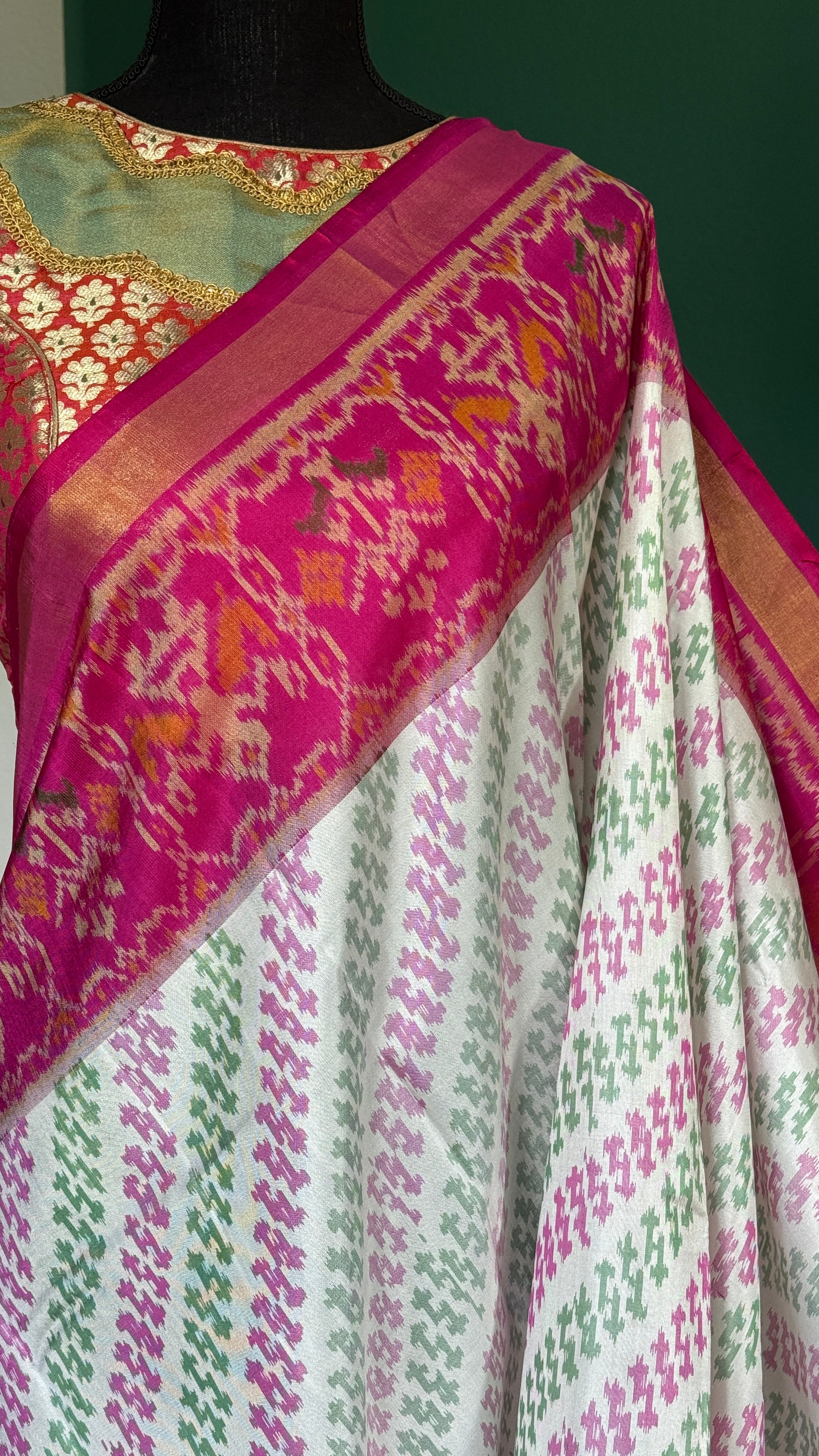Pure Silk Ikat -  Offwhite Green Magenta