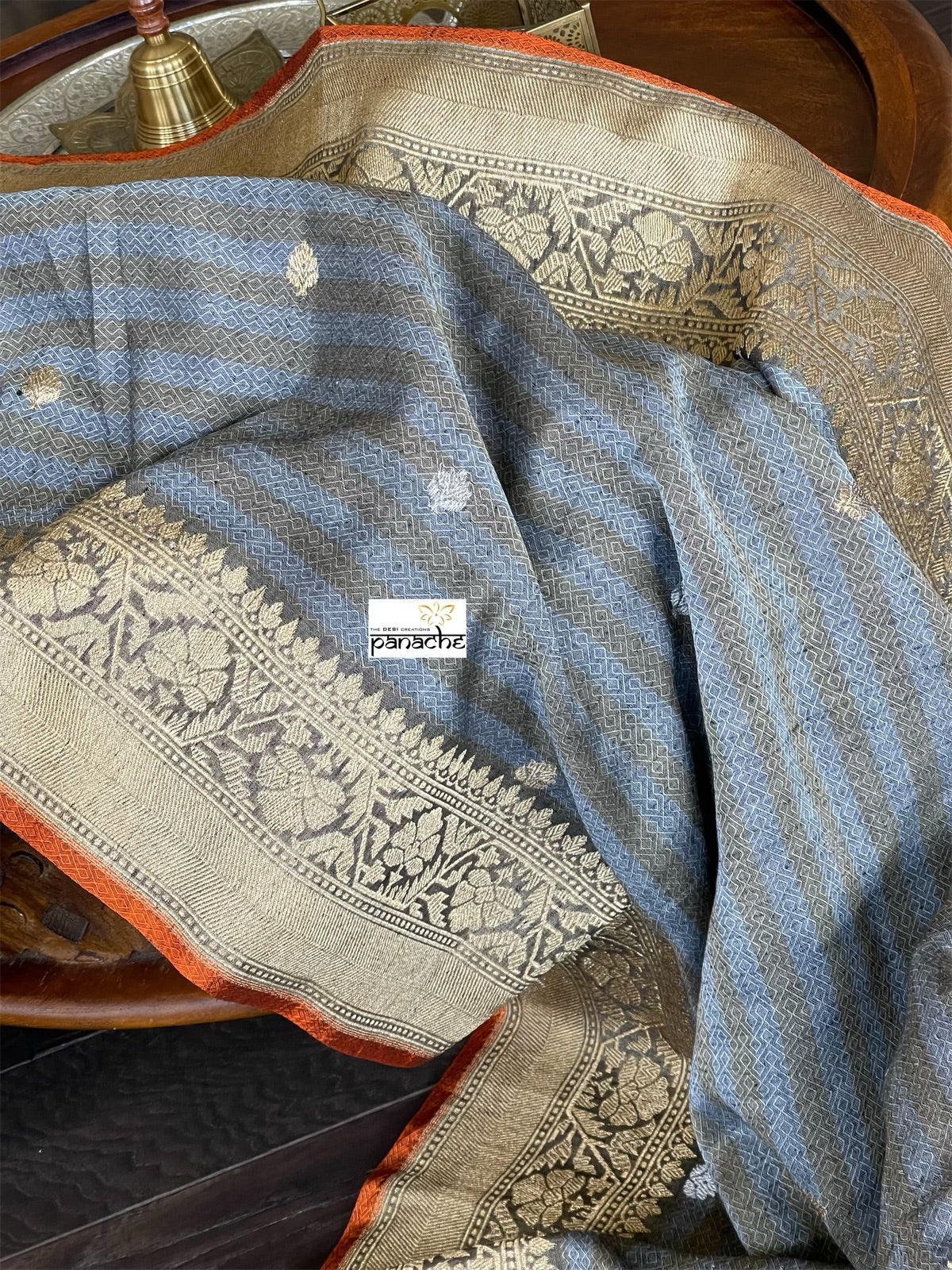 Pure Malmal Cotton Banarasi - Grey Orange Kadwa Woven