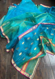 Pure Chanderi Organza Silk - Firozi and Green Shaded