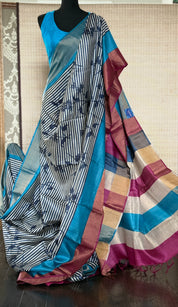 Pure Tussar Silk - Blue Firozi Magenta