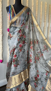 Organza Banarasi Floral - Light Grey Kadwa