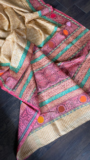 Printed Tussar Silk Kantha Stitch - Light Ochre Yellow