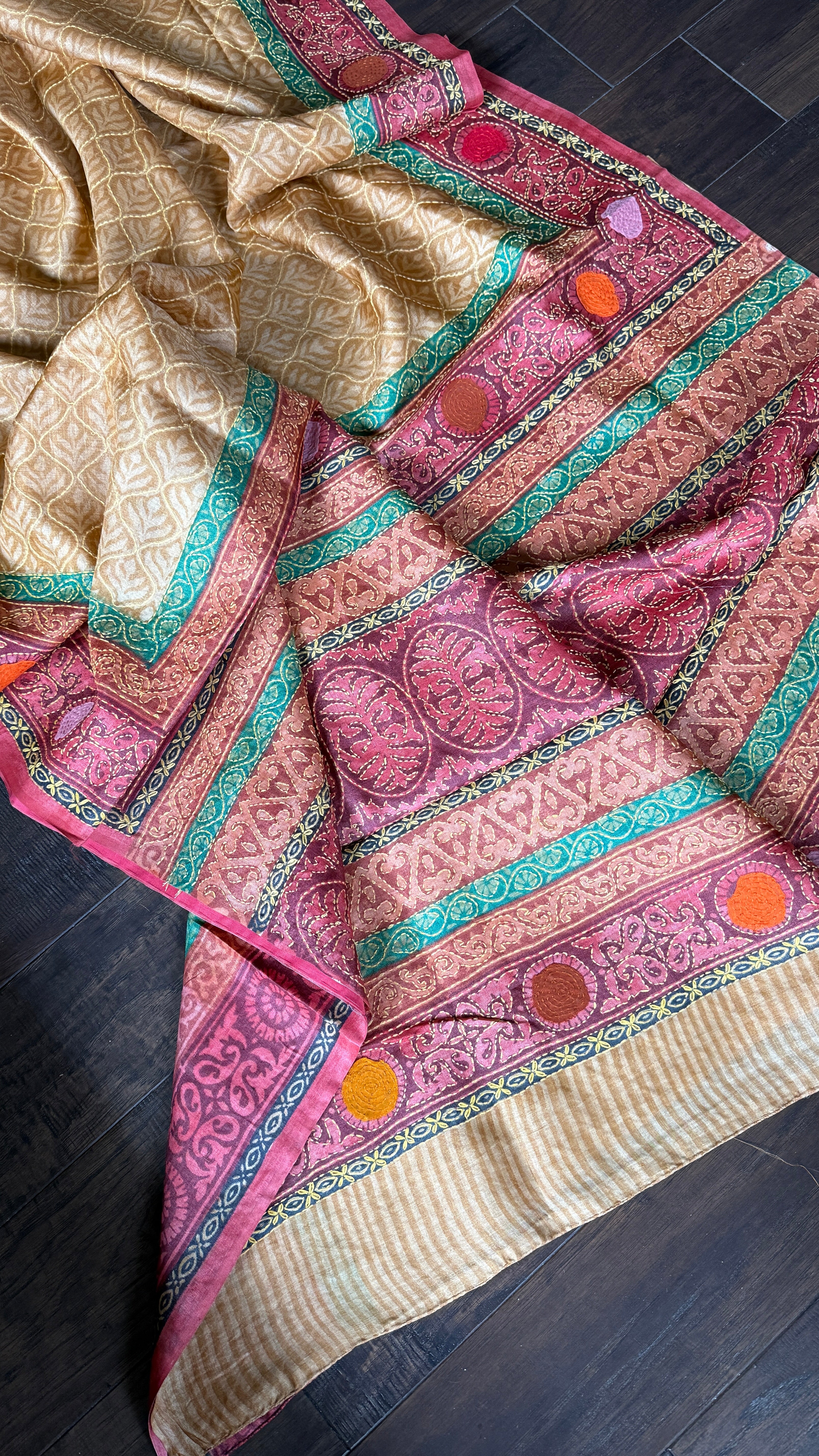 Printed Tussar Silk Kantha Stitch - Light Ochre Yellow