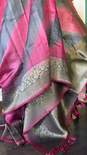Tussar Silk Banarasi Shaded - Grey Raspberry Pink Antique Golden Zari