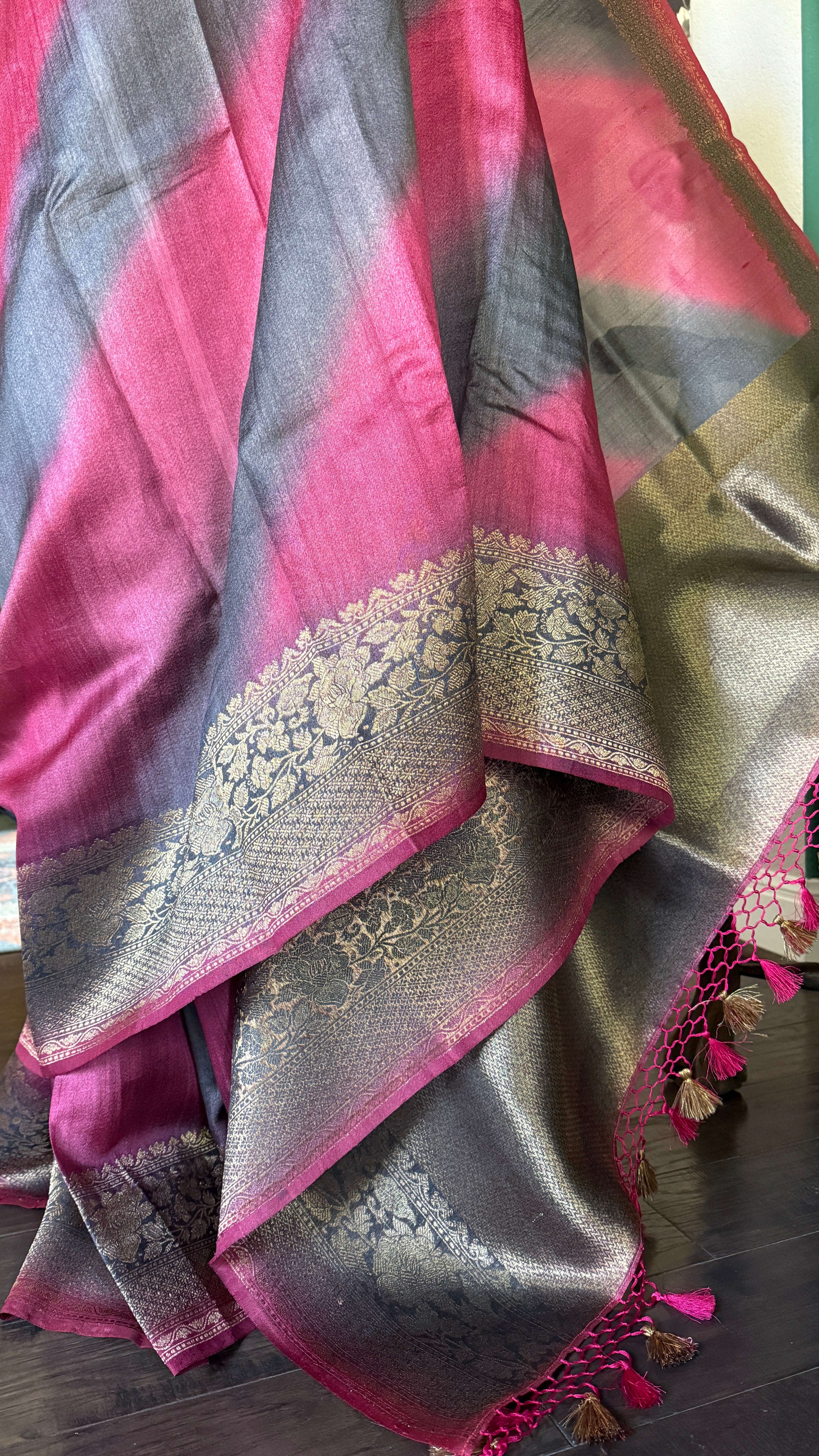 Tussar Silk Banarasi Shaded - Grey Raspberry Pink Antique Golden Zari