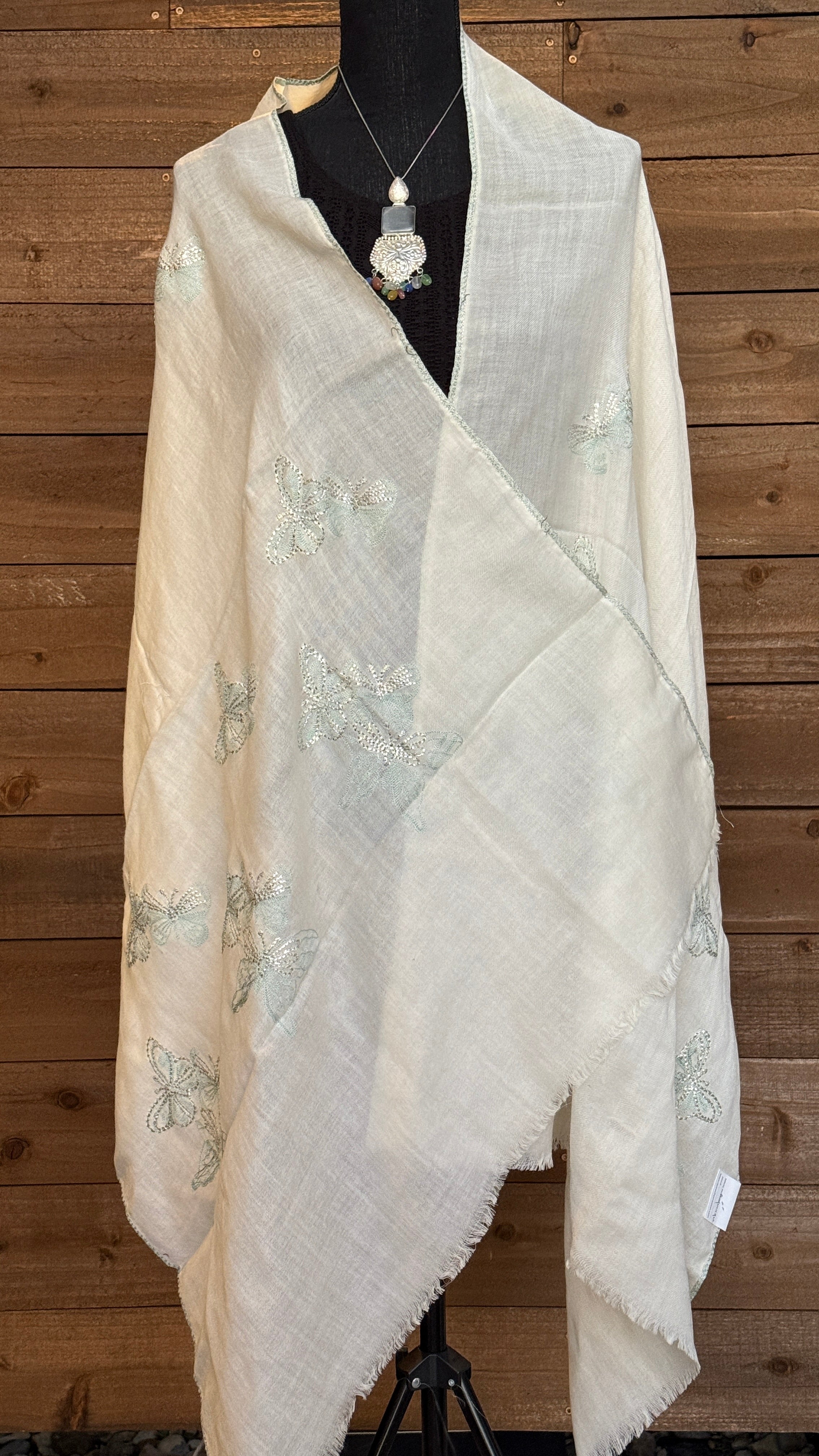 Kashmiri Embroidered Stole - White