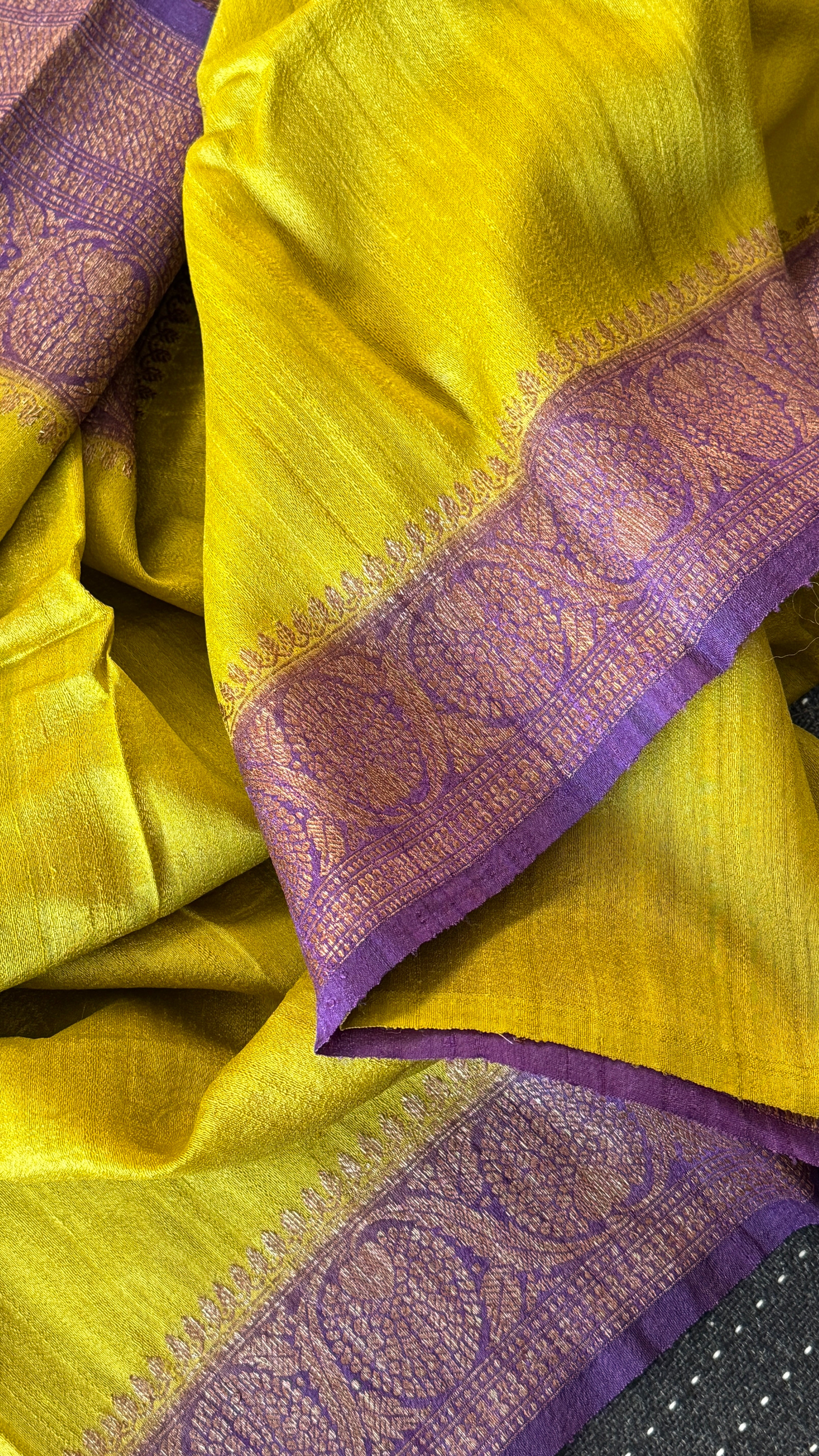 Tussar Silk Banarasi - Lemon Ochre Purple Antique Zari