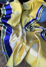 Maheshwari Tissue Silk Satin - Light Lemon Yellow Blue Green