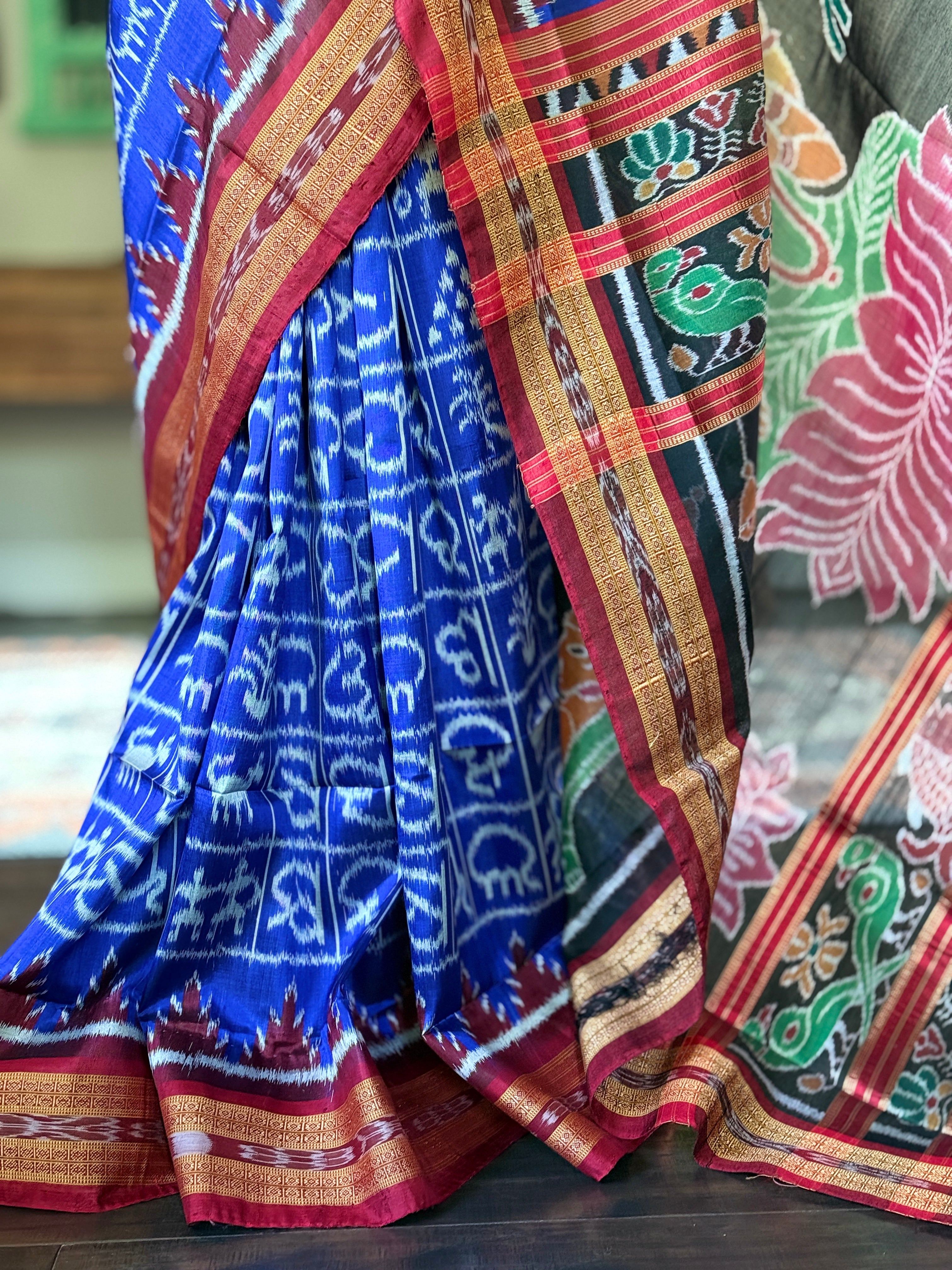 Pure Silk Sambalpuri Double ikat  - Royal Blue Maroon