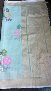 Handwoven Pure Tissue Net Organza Silk Saree with Zari Border & Multicolor Floral Motifs – Lightweight Festive Wear | Ships from USA