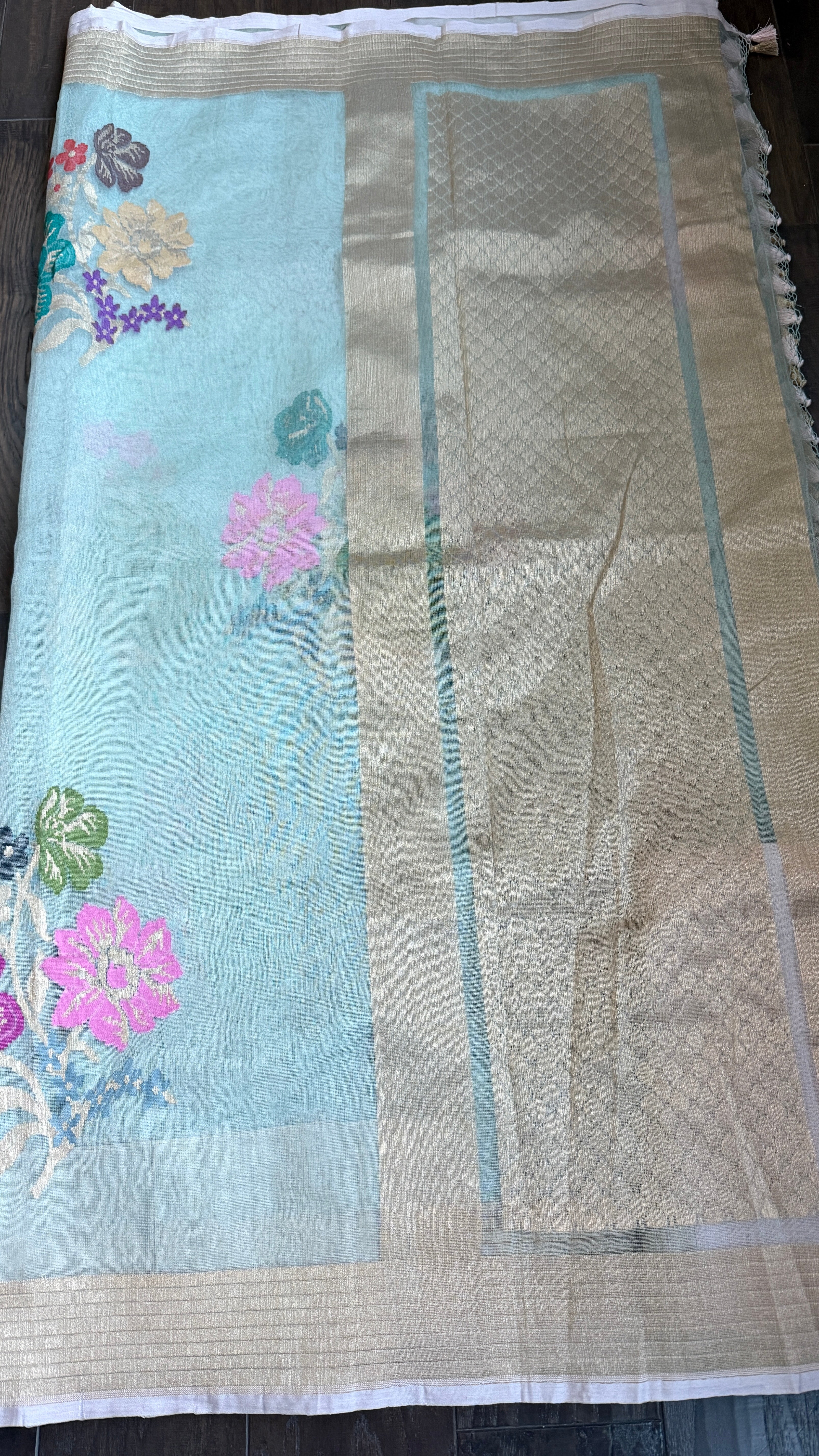 Handwoven Pure Tissue Net Organza Silk Saree with Zari Border & Multicolor Floral Motifs – Lightweight Festive Wear | Ships from USA