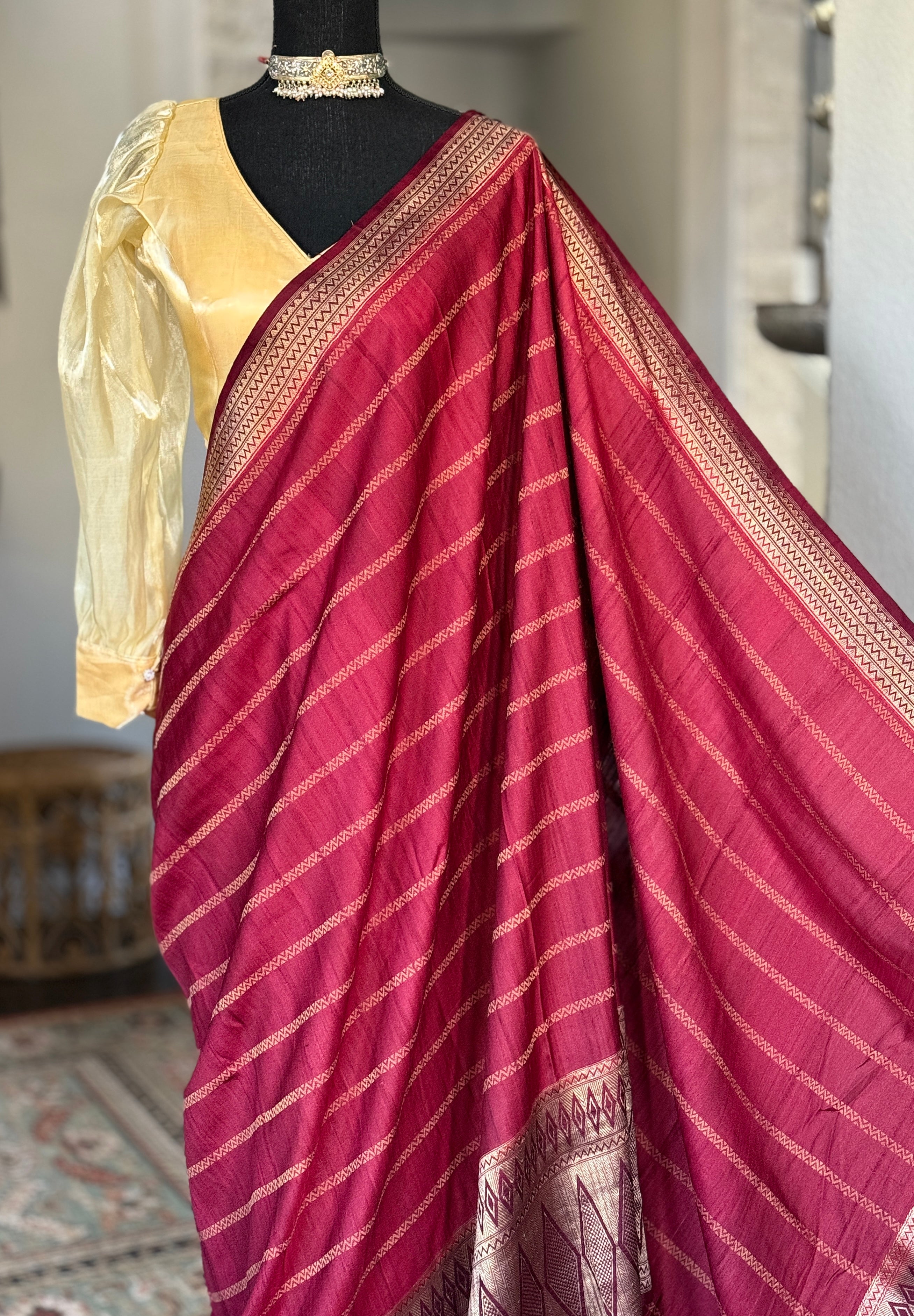 Tussar Silk Banarasi- Maroon Striped