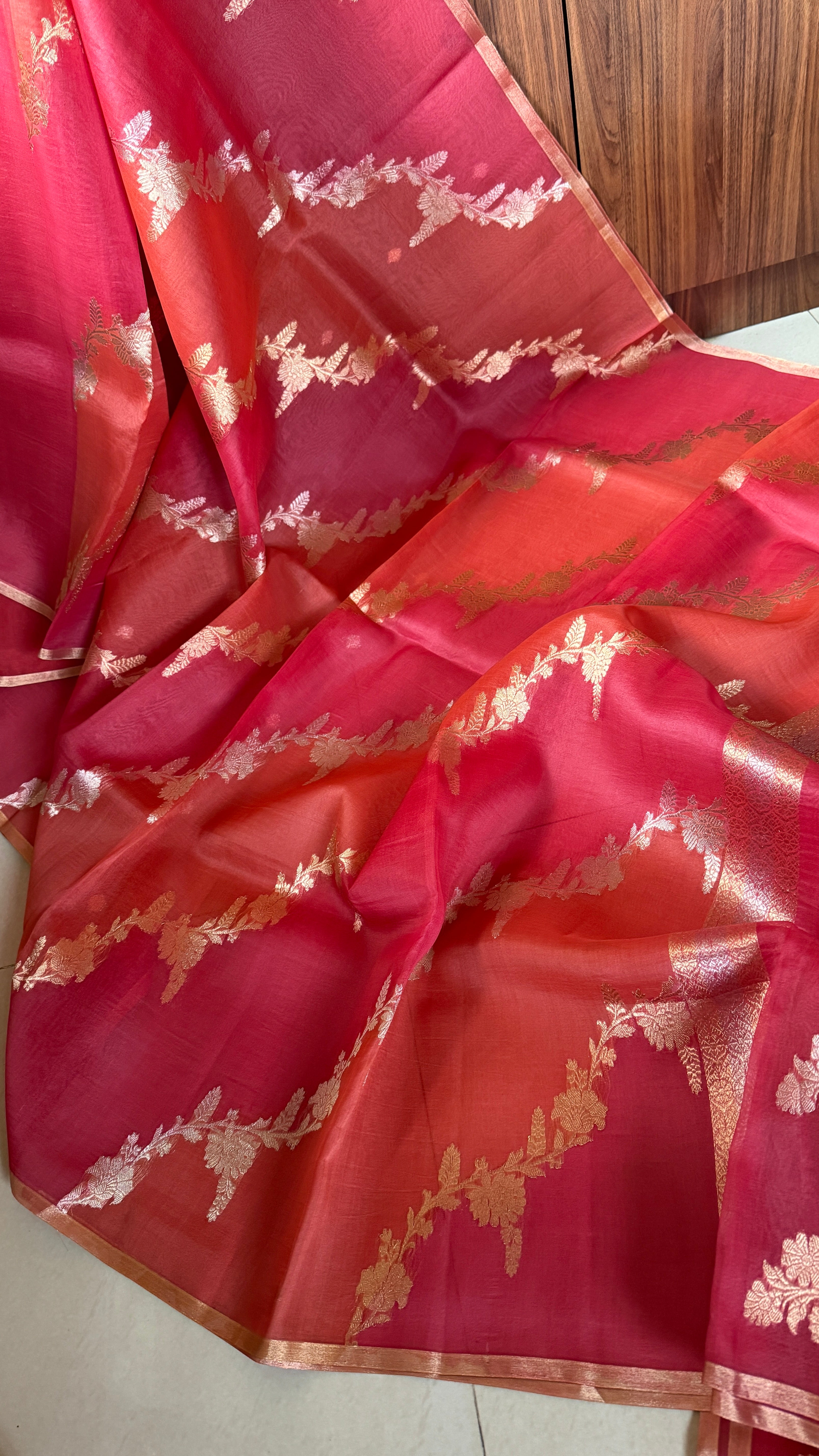 Kora Silk Leheriya Banarsi - Pink Orange Shaded