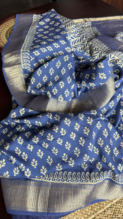 Printed Muga Cotton Silk Banaras  - Blue Paisley