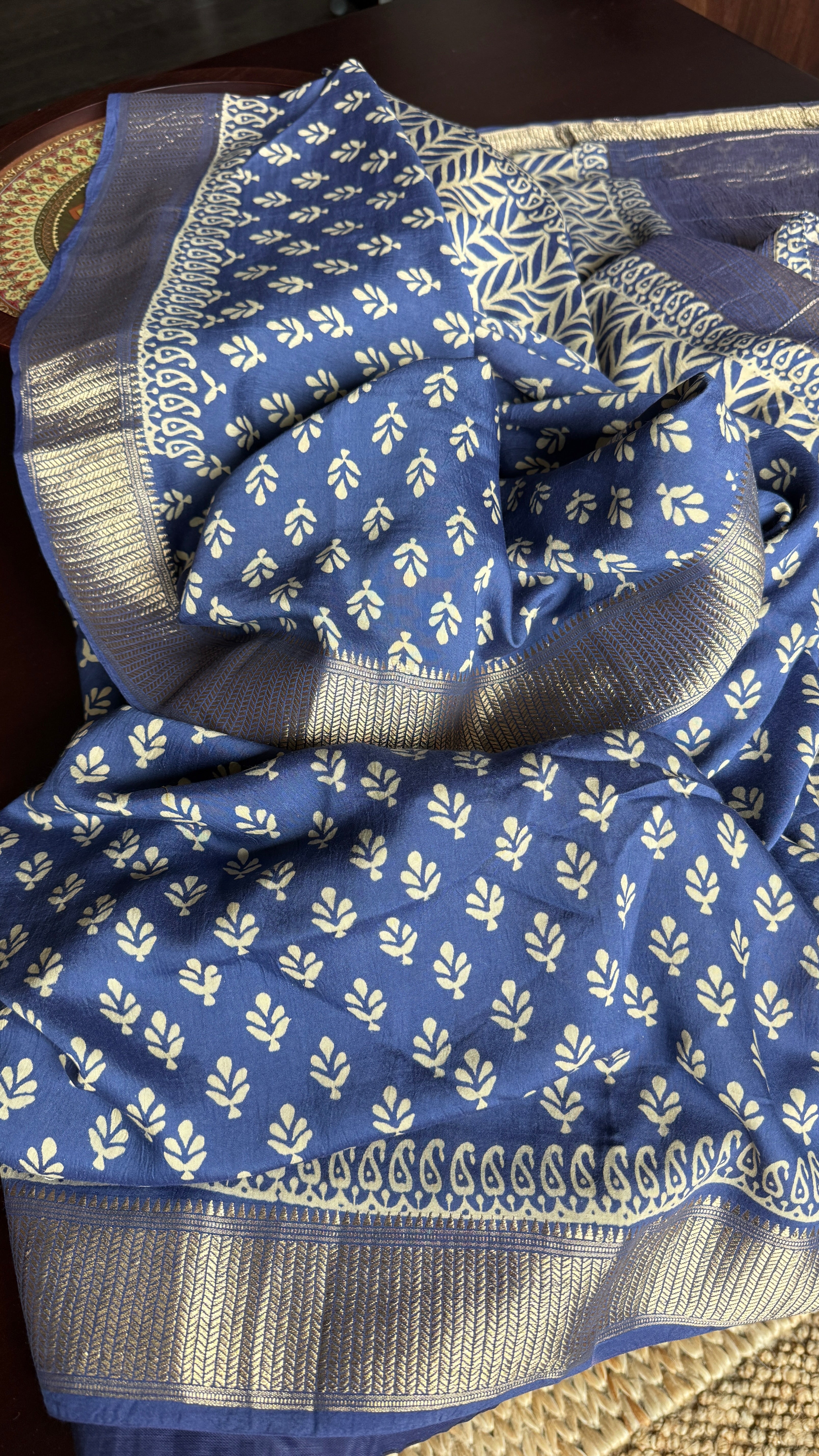 Printed Muga Cotton Silk Banaras  - Blue Paisley