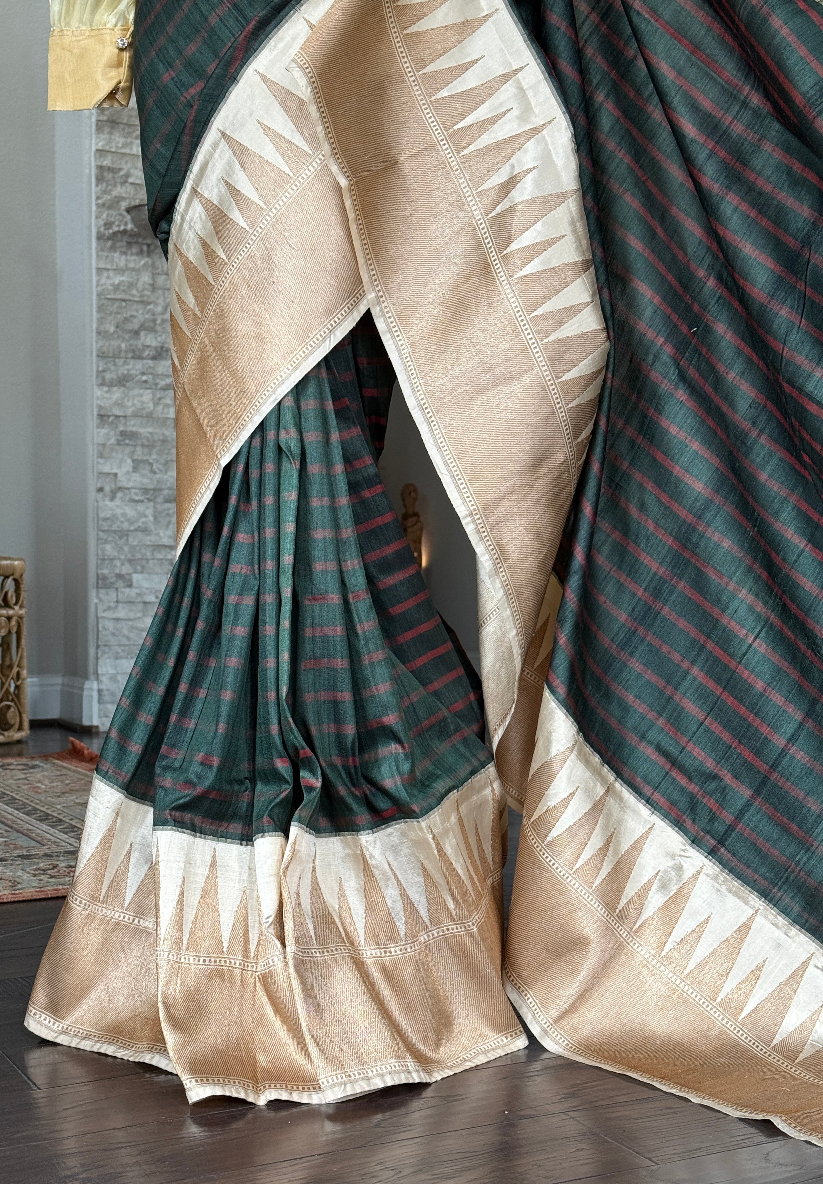 Pure Tassur Silk Banarasi - Dark Black Avocado Green Striped