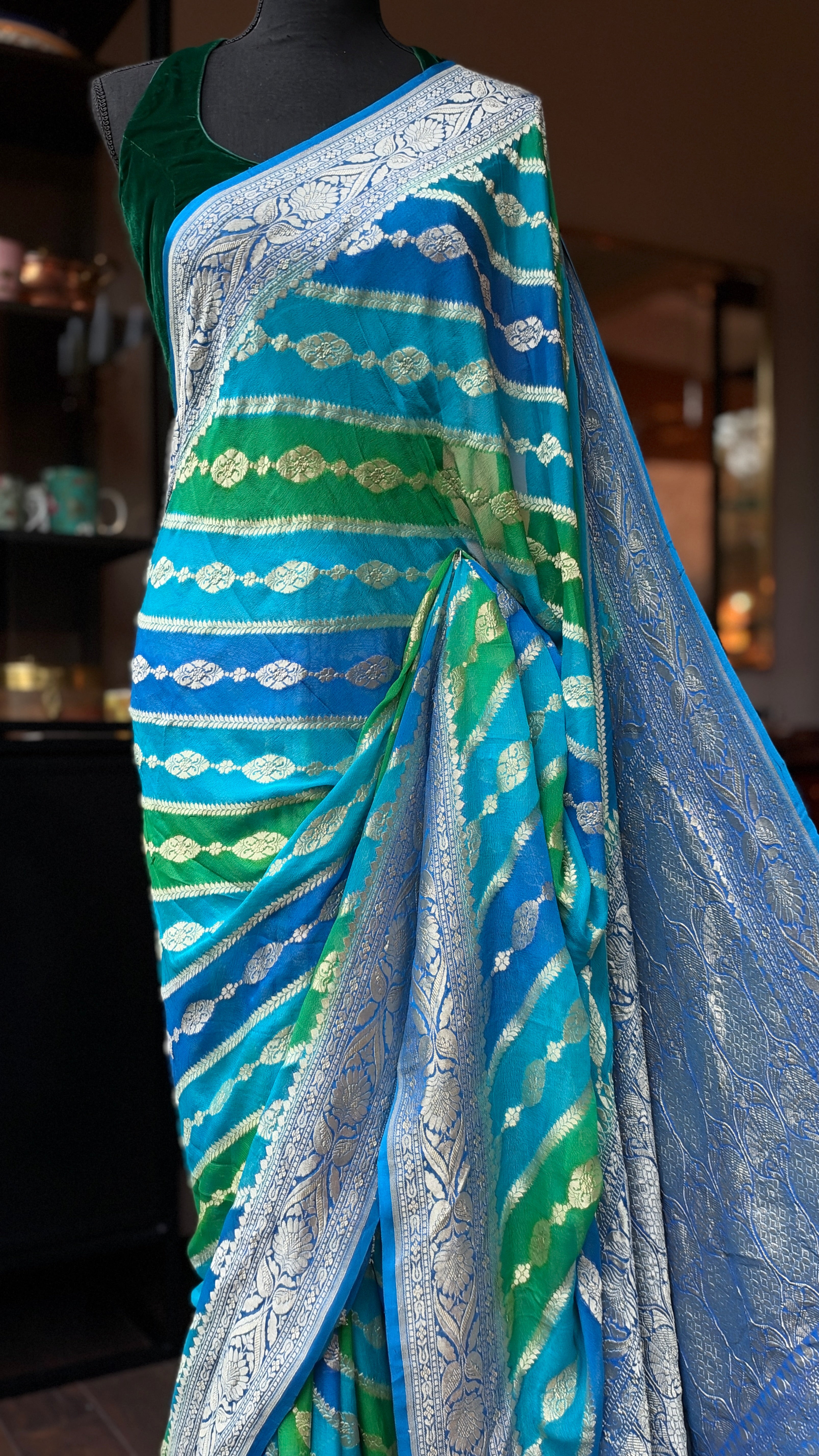 Khaddi Georgette Banarasi - Firozi Blue Green Multi color Rangkat