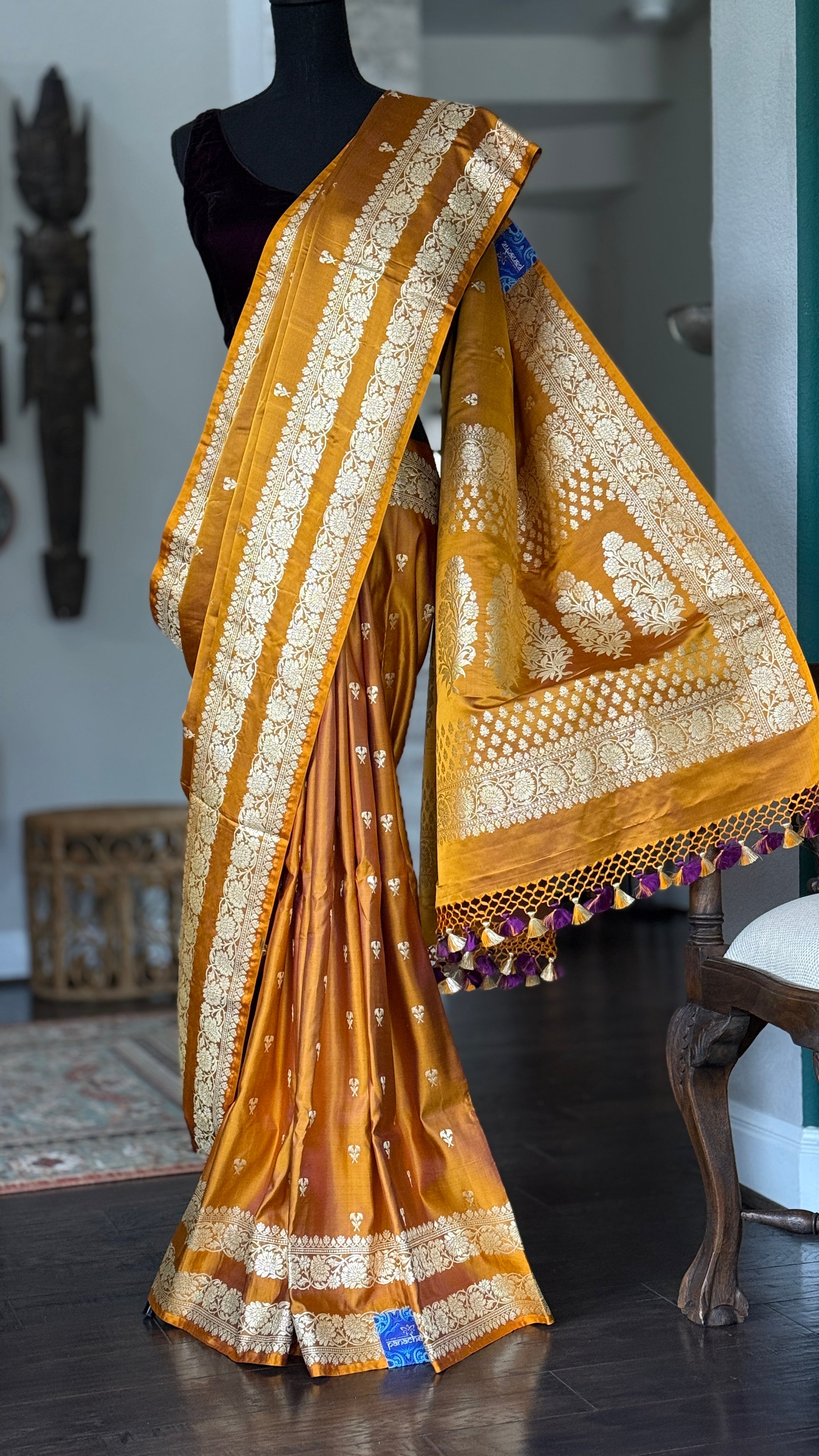 Pure Silk Mashru Banaras i- Golden Ochre Yellow