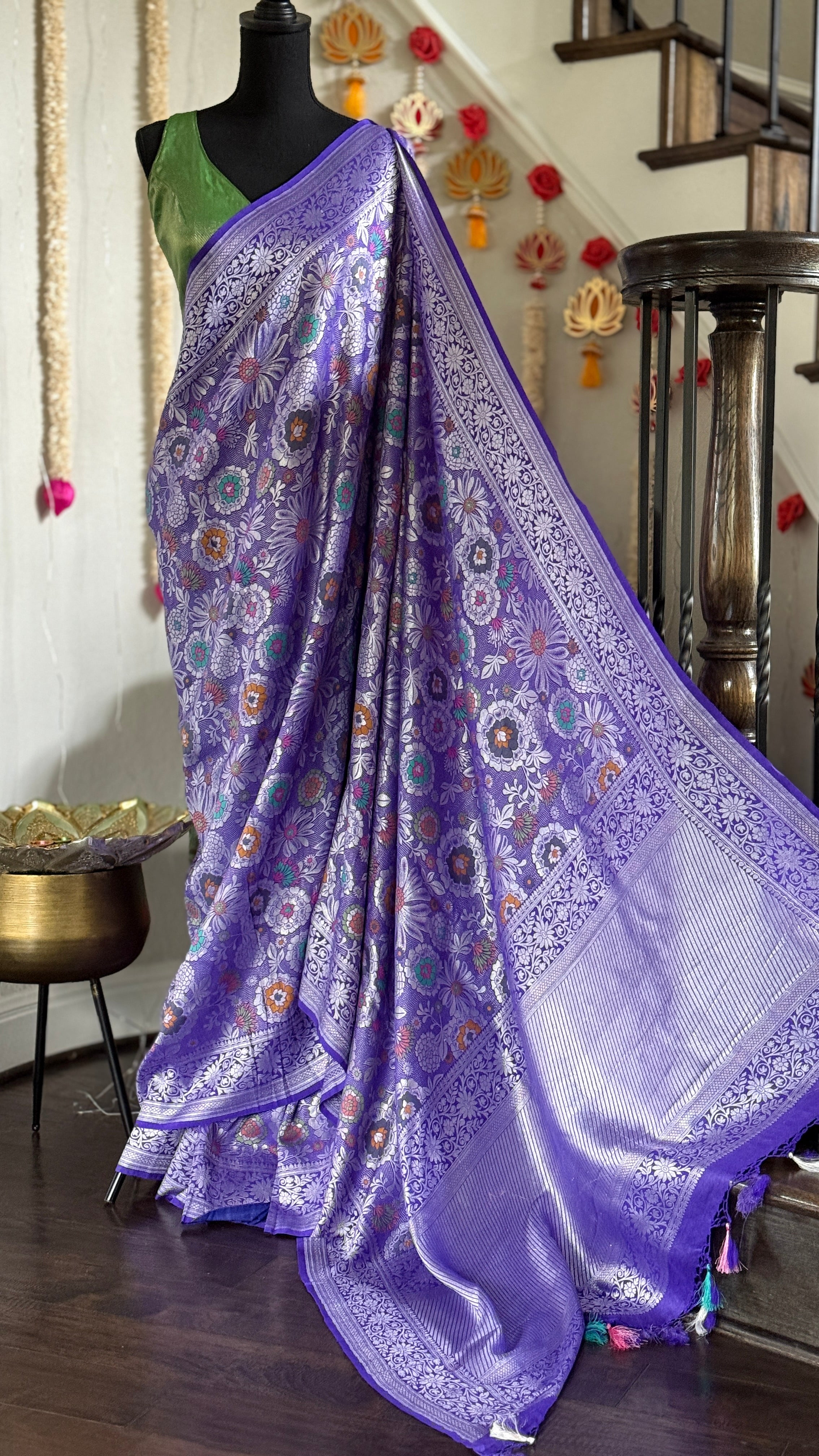 Tussar Georgette Banarasi - Purplish Blue Multi Meenakari