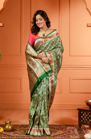 Pure Silk Paithani Brocade Banarasi- Dark Green