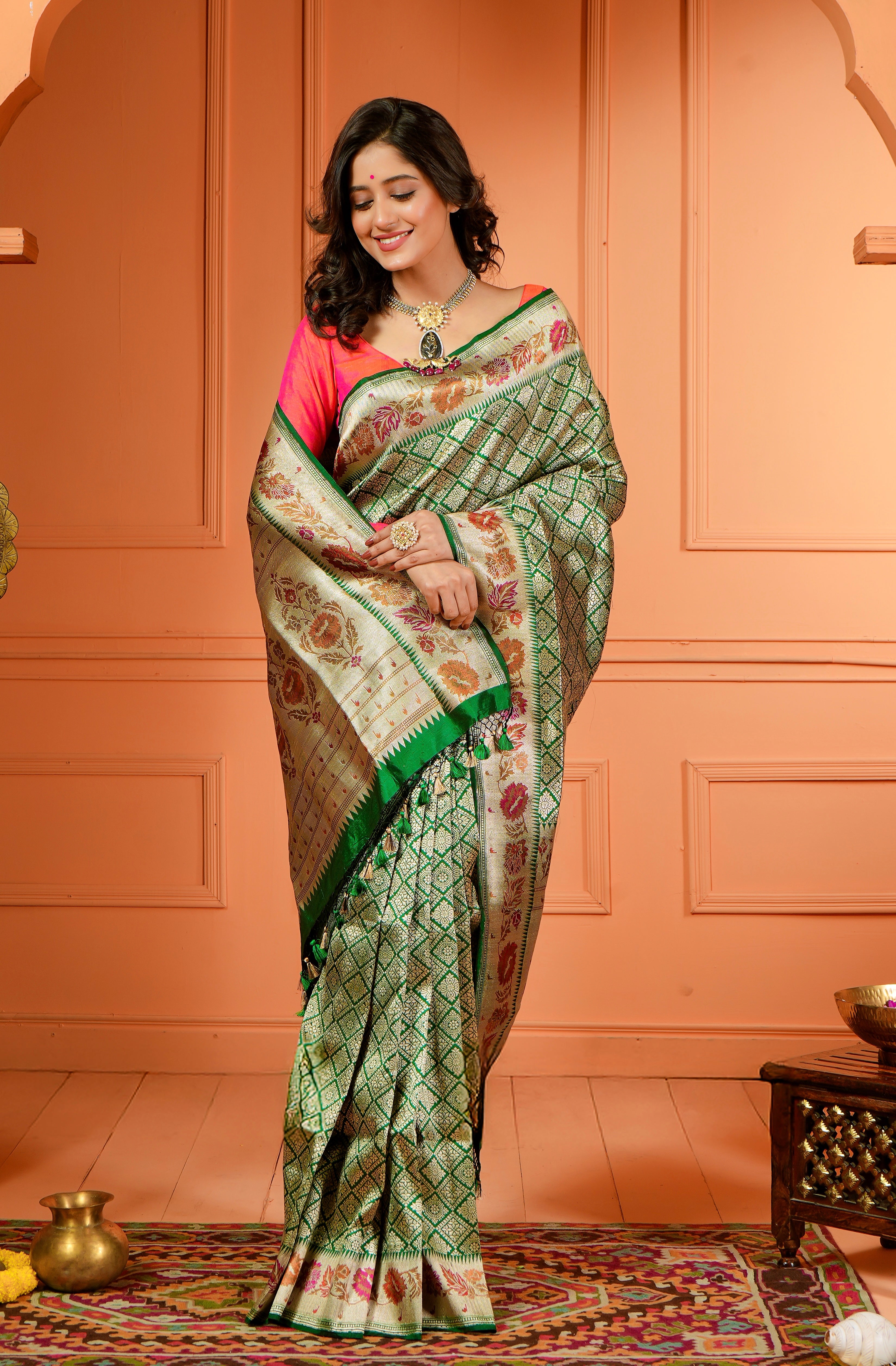 Pure Silk Paithani Brocade Banarasi- Dark Green