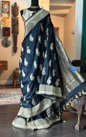 Pure Katan Silk Banarasi - Black Zari Paiesley