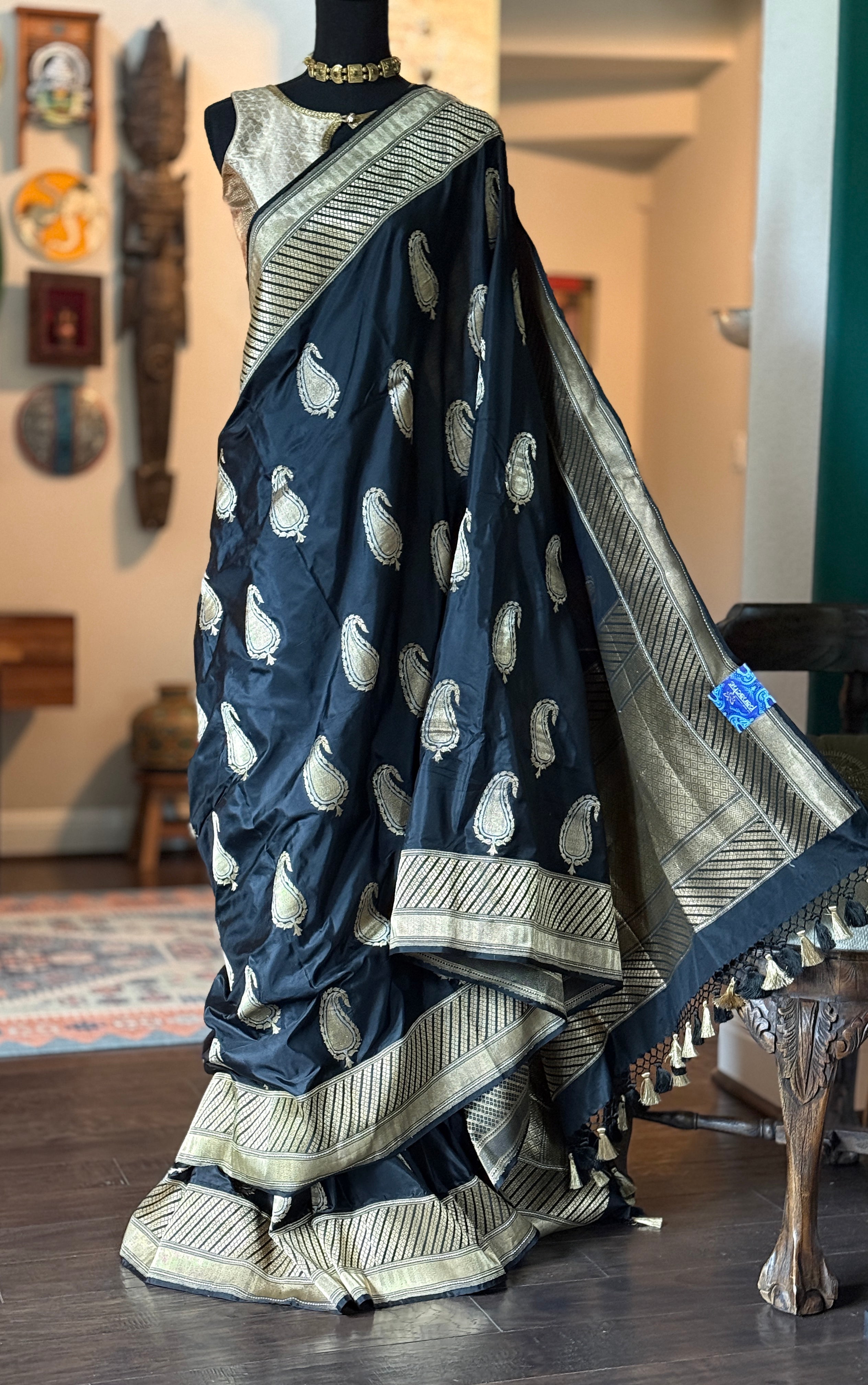 Pure Katan Silk Banarasi - Black Zari Paiesley