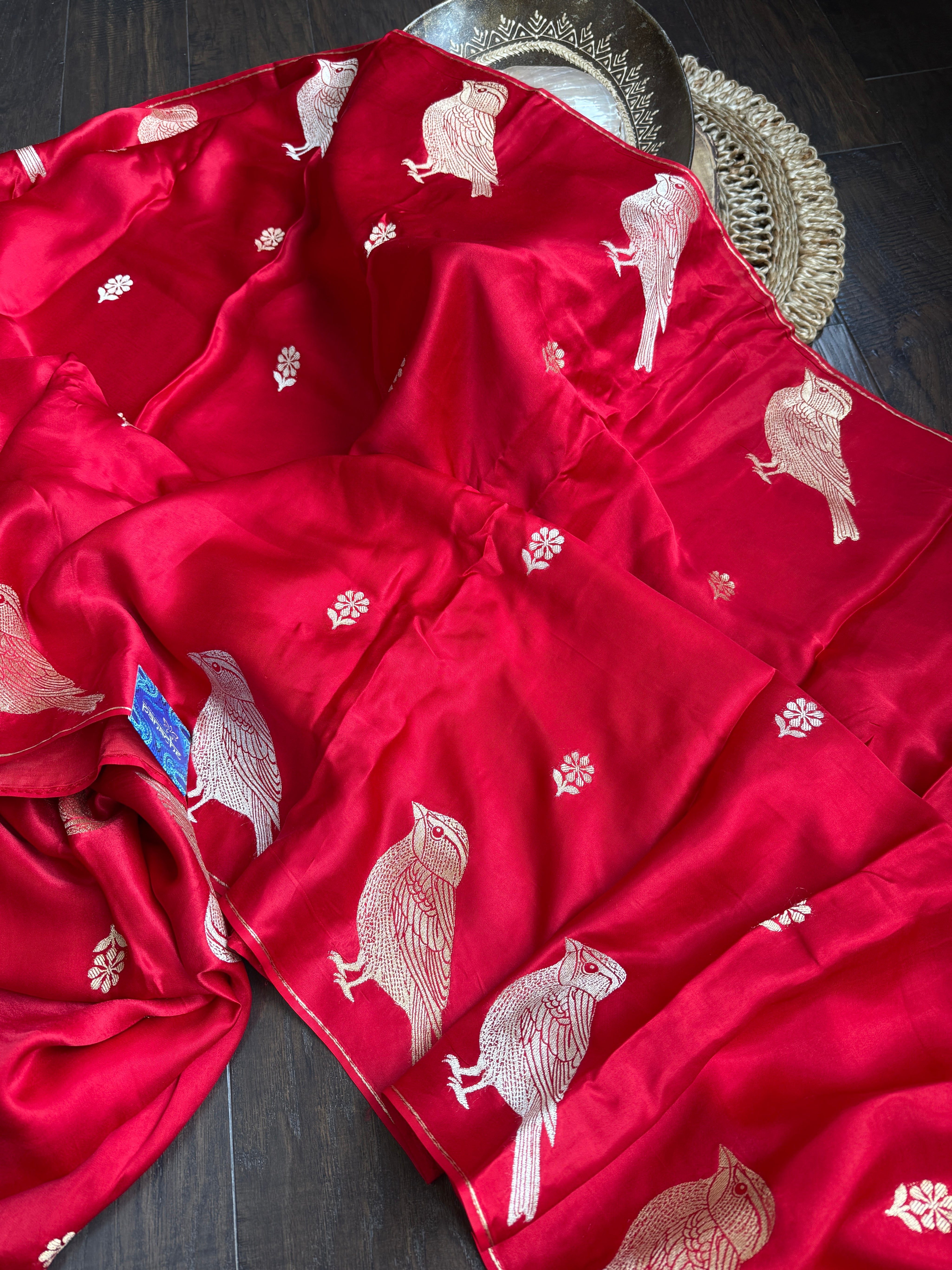 Designer Satin Silk - Red Bird Woven