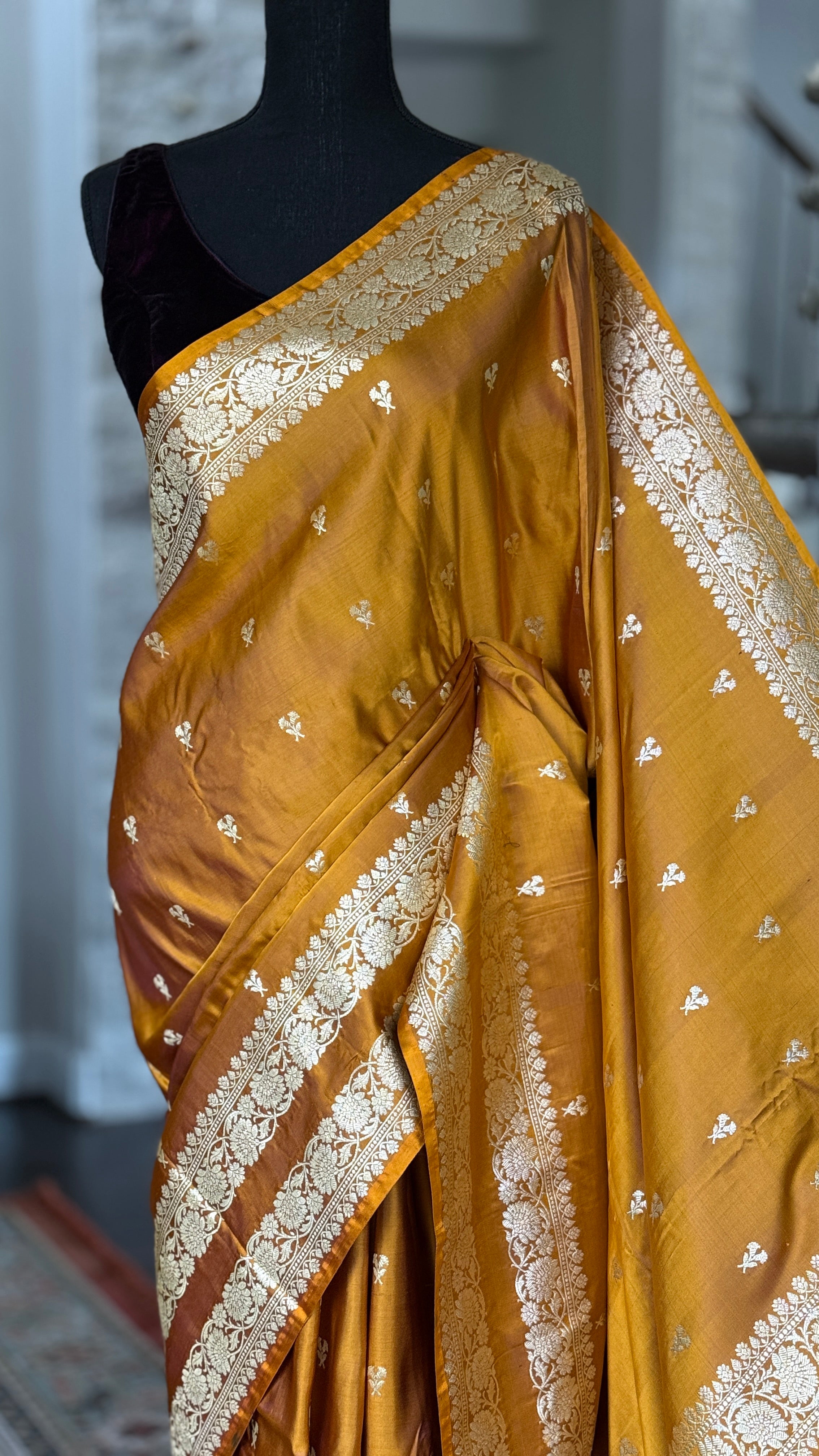 Pure Silk Mashru Banaras i- Golden Ochre Yellow