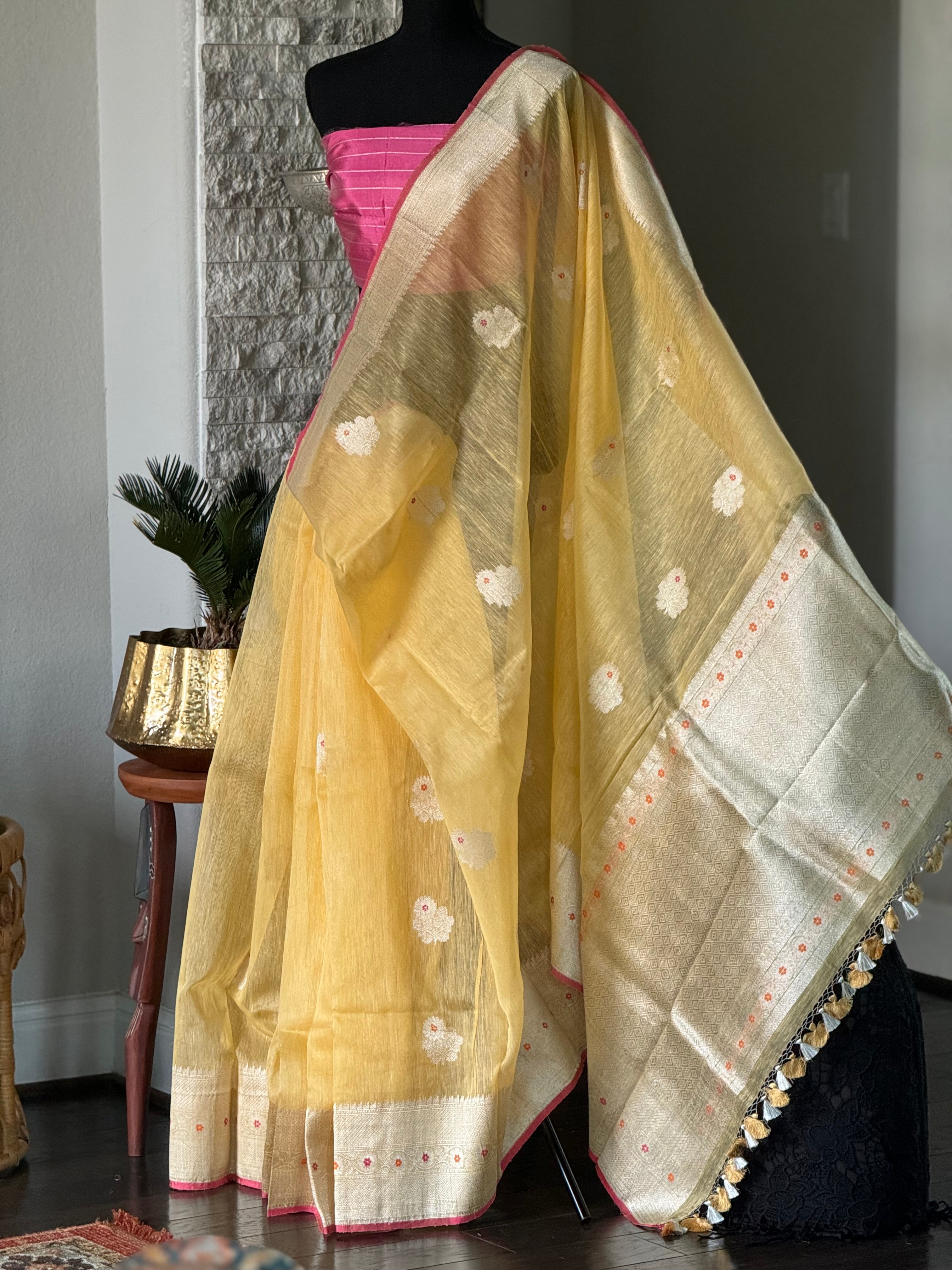 Linen Silk Banarasi - Yellow Pink