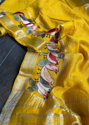 Designer Cotton Silk Banaras Chanderi - Mango Yellow Bird Embroidered