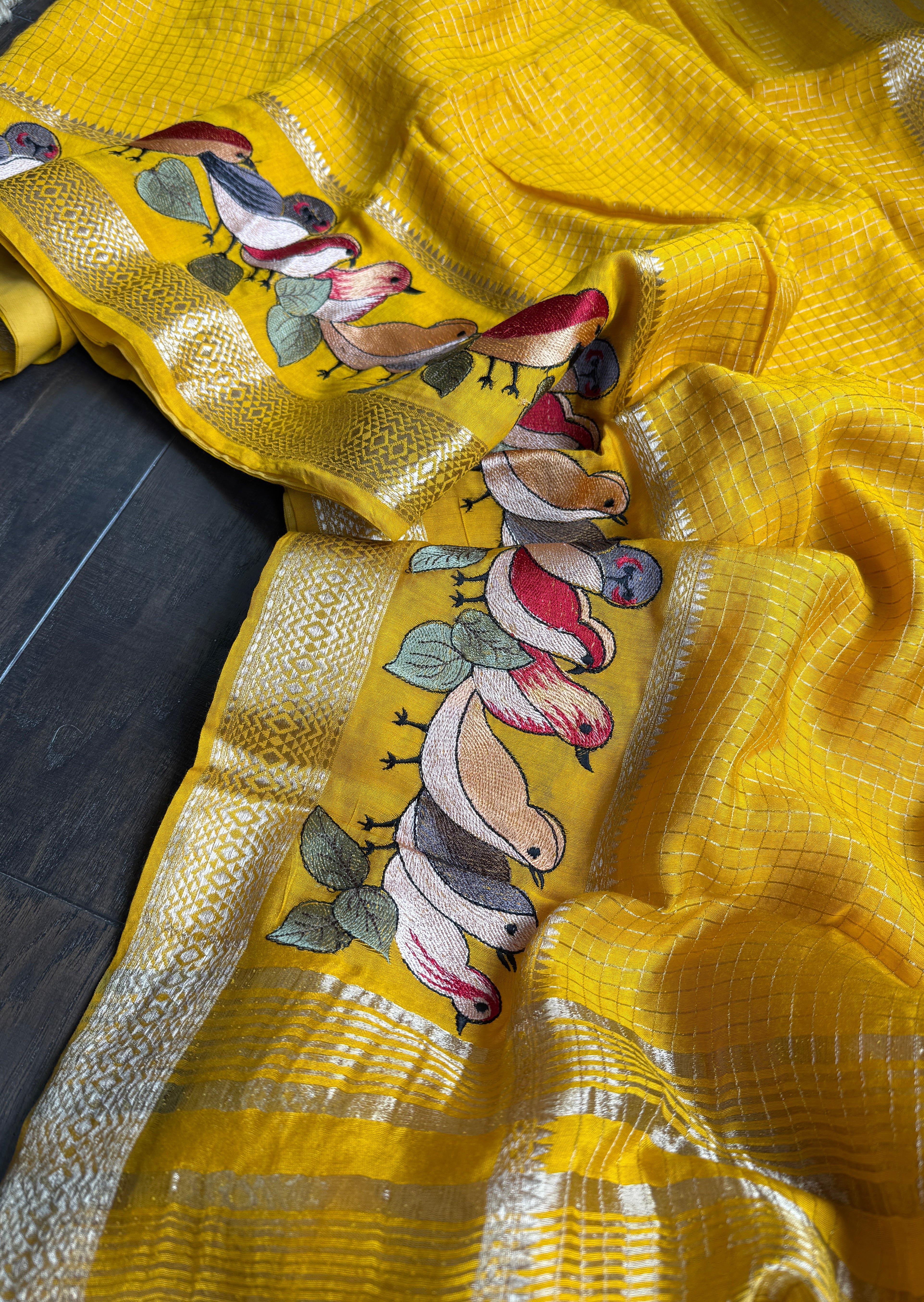 Designer Cotton Silk Banaras Chanderi - Mango Yellow Bird Embroidered