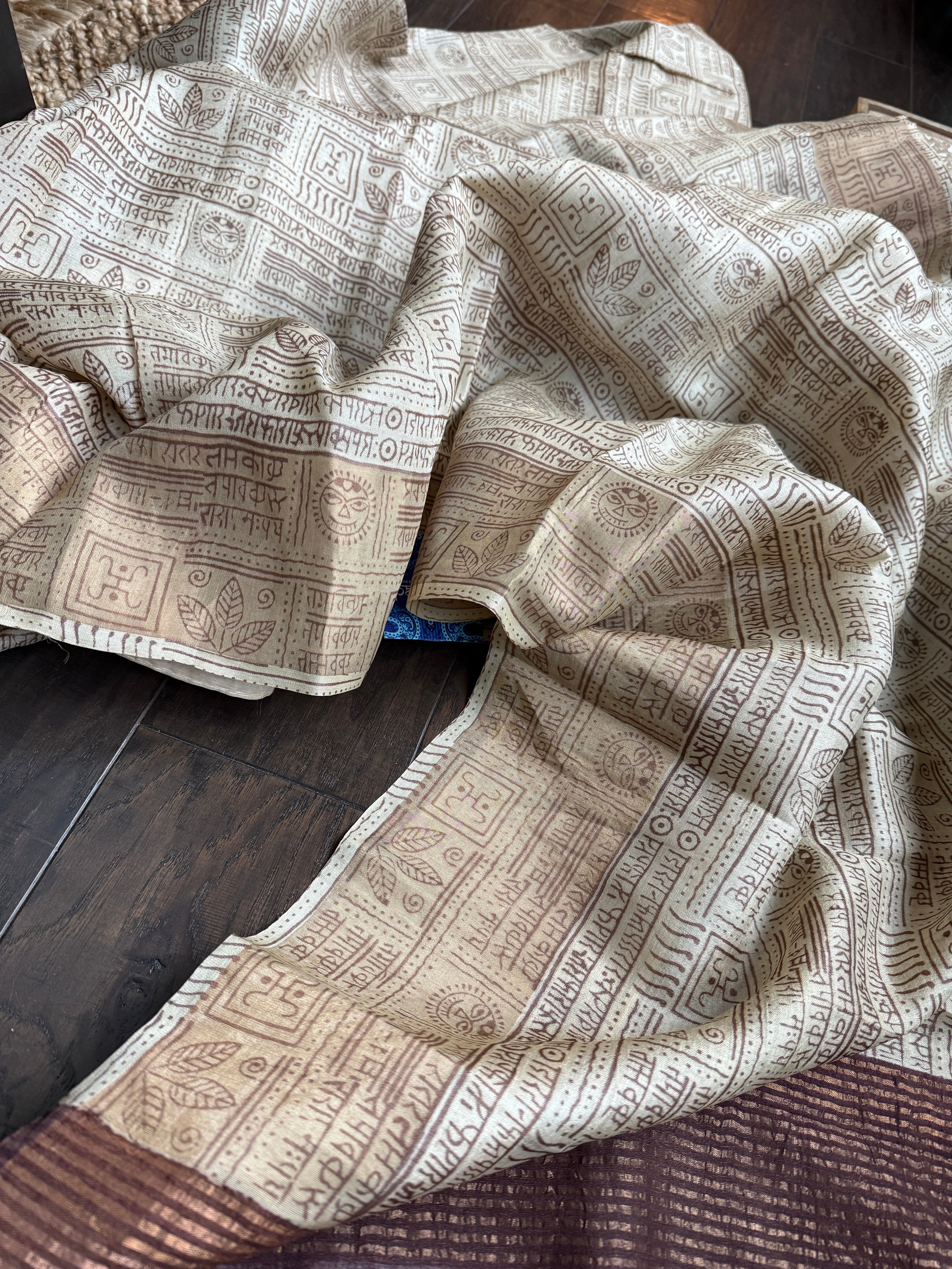 Pure Tussar Silk Script Printed -  Tan Beige Brown