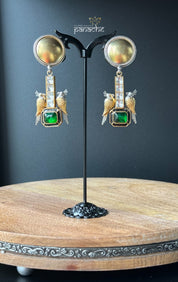 Earring 925 Silver- Green Kundan Bird