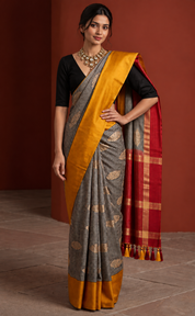 Katan Silk Banarasi -  Black Red Yellow Checkered Kadwa
