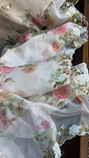 Designer Organza Floral - Cream Hand-embroidered Border