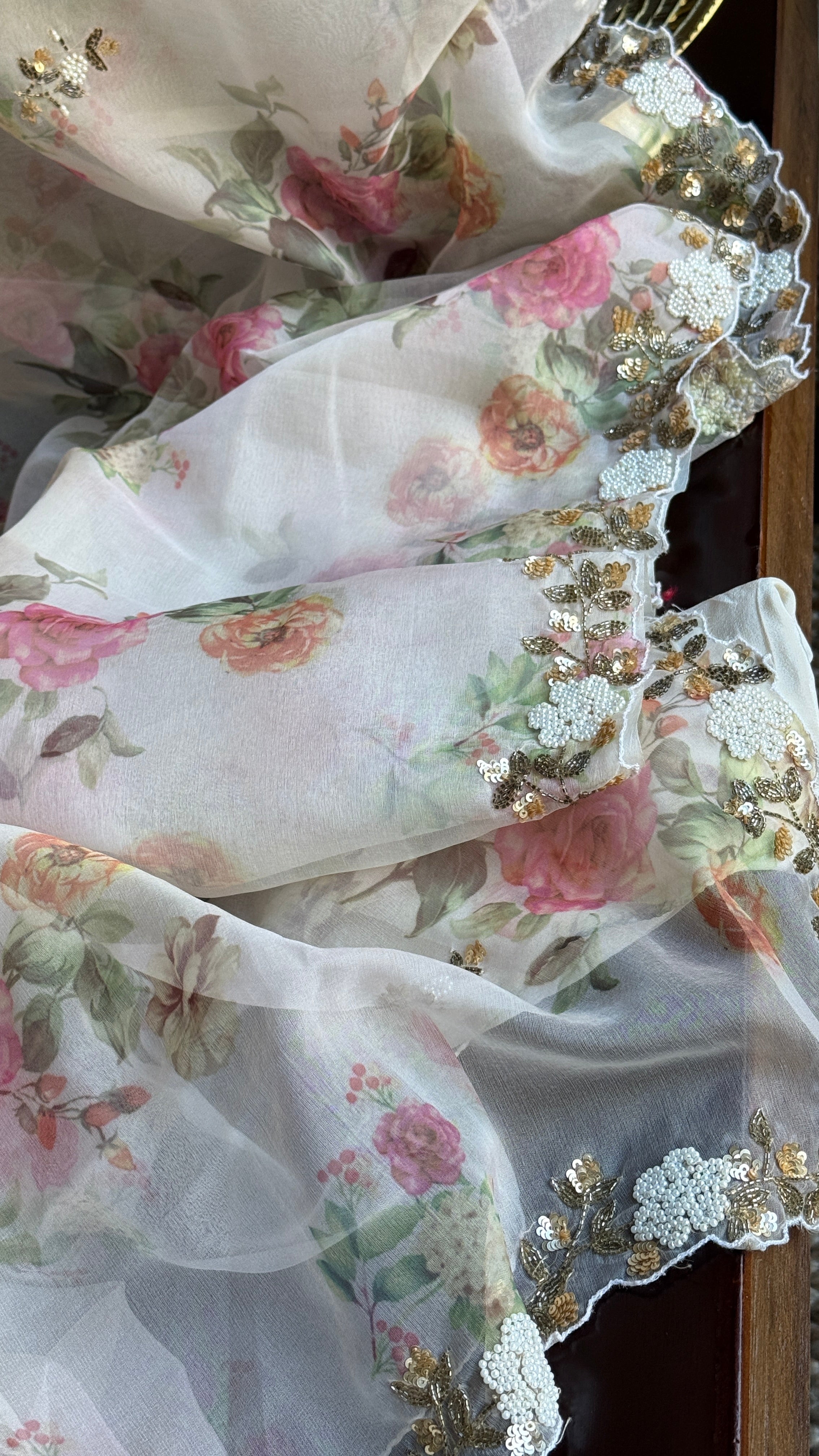 Designer Organza Floral - Cream Hand-embroidered Border